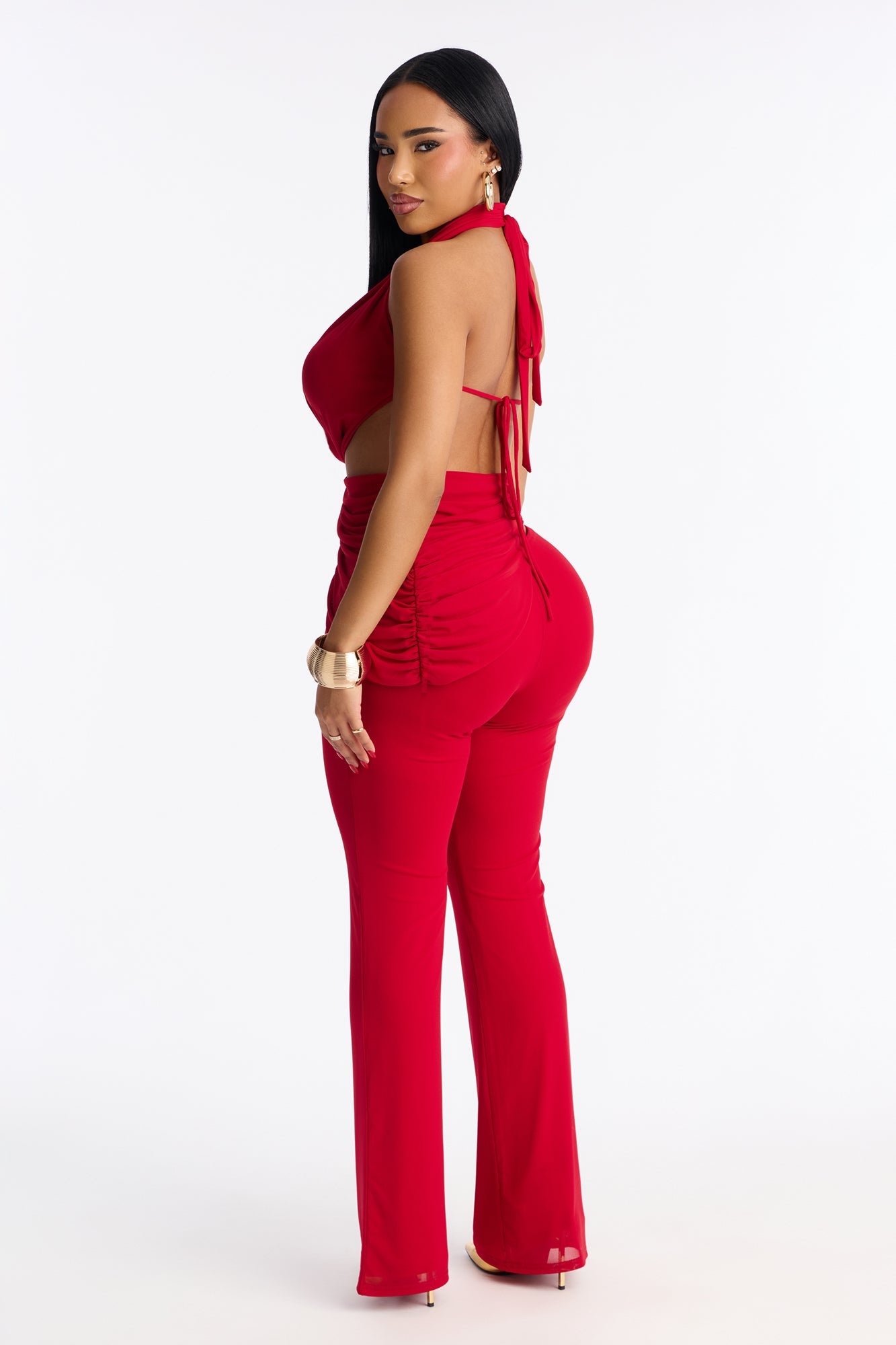Dangerously Classy Backless Halter Pant Set - Red