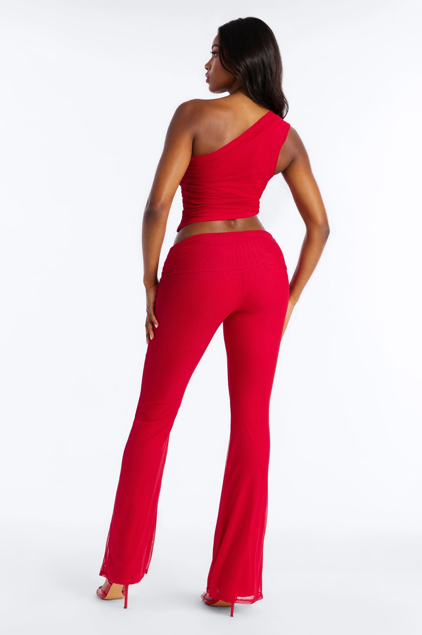 Hailey Asymmetrical Mesh Pant Set - Red