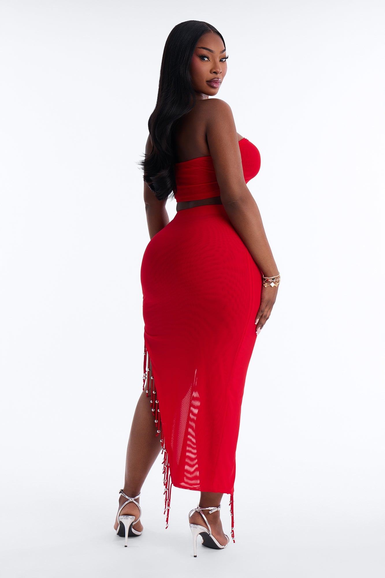 Desiree Beaded Fringe Mesh Skirt Set - Red