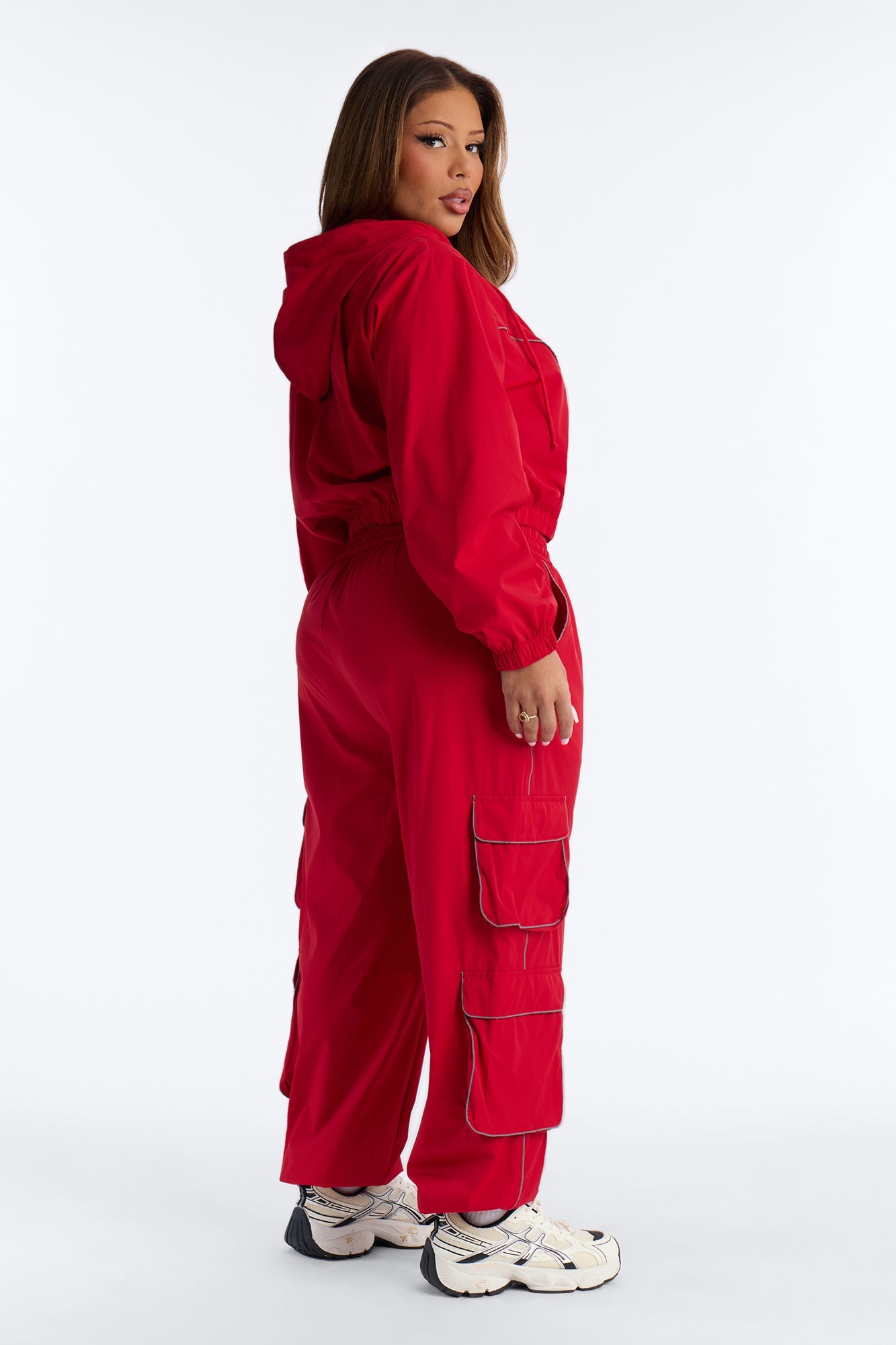 Nessa Nylon Cargo Hoodie Jogger Set - Red
