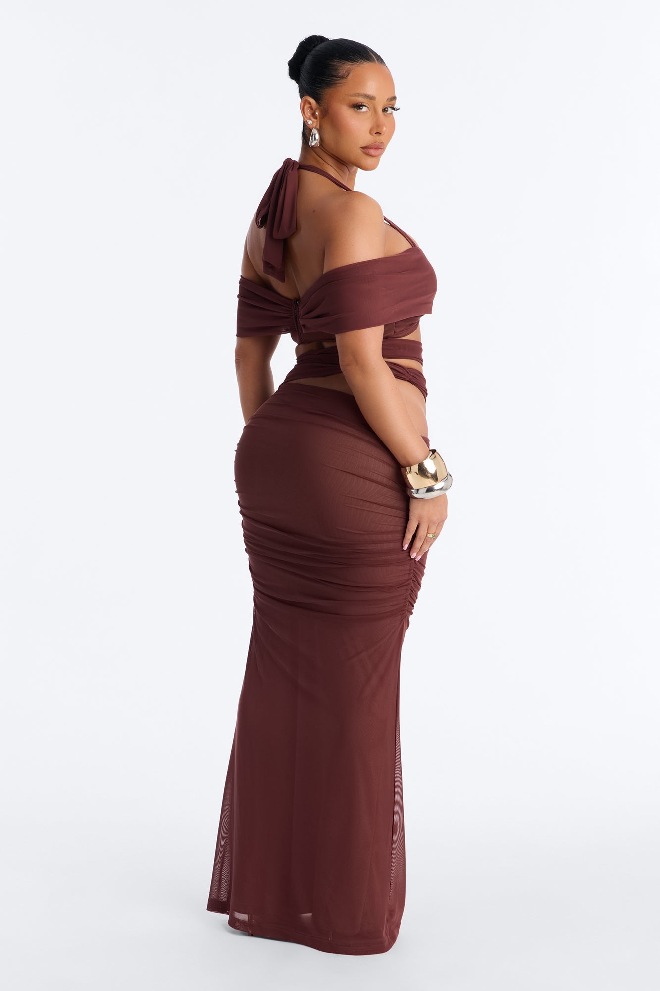 Brooke Mesh Off The Shoulder Cutout Maxi Skirt Set - Burgundy
