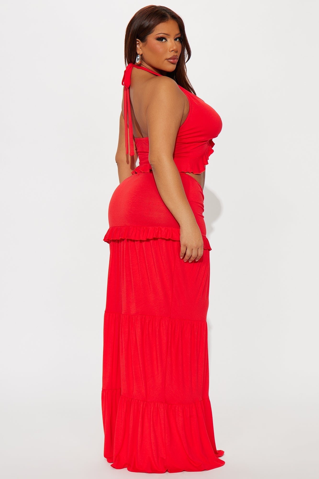 Wanderlust Halter Maxi Skirt Set - Tomato Red