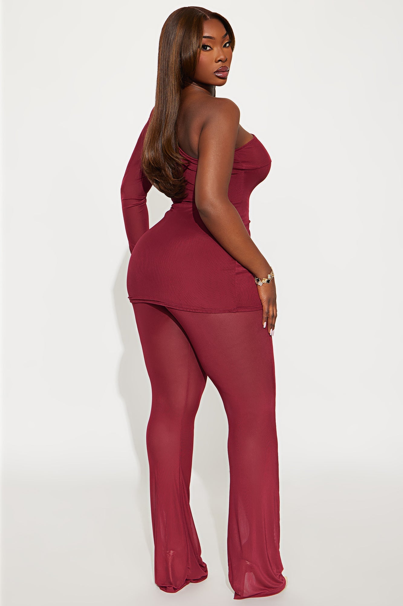Sierra Mesh One Shoulder Pant Set - Wine