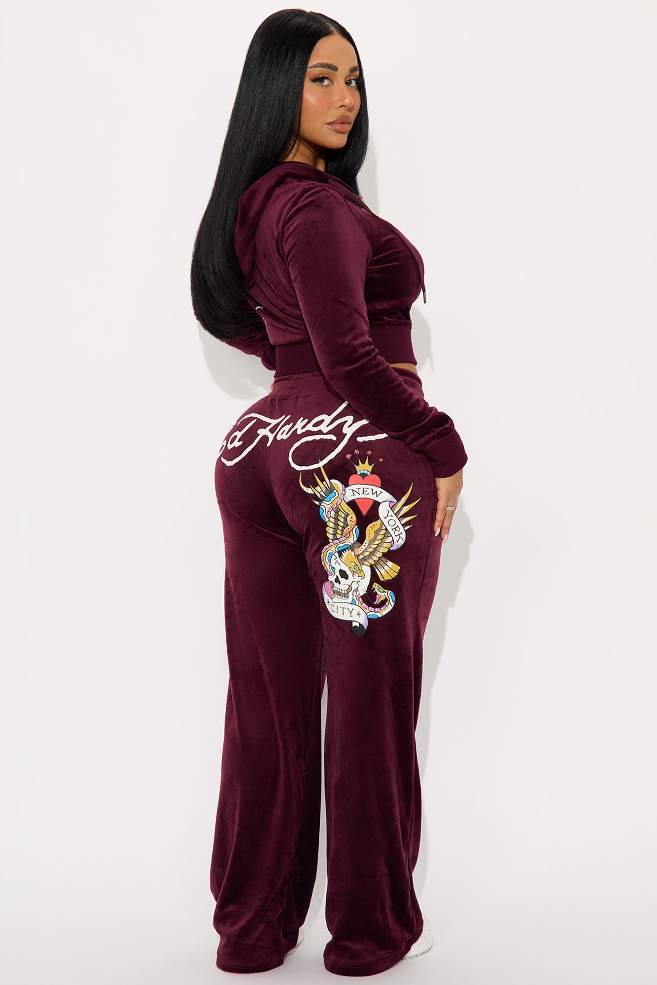 Ed Hardy NYC Skull Velour Pant Set - Burgundy