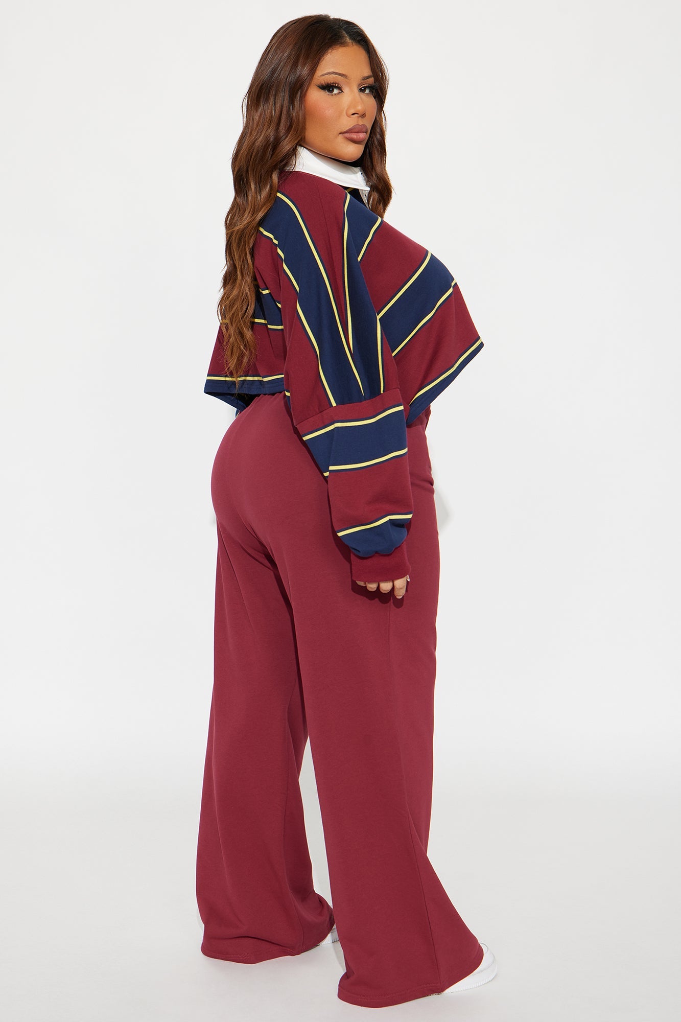 Sydney Striped Polo Lounge Set - Burgundy