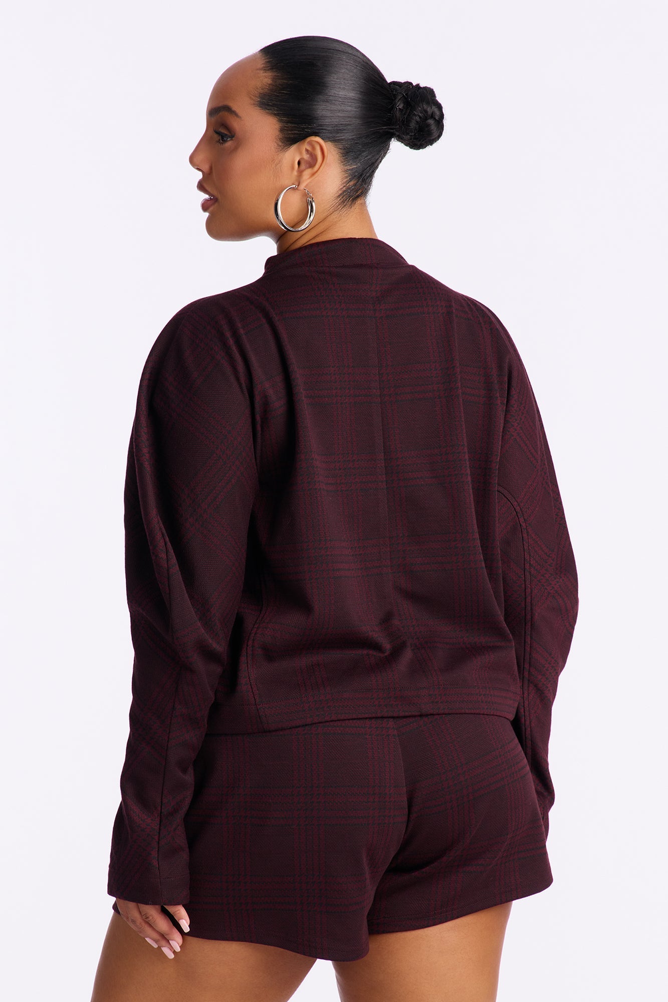 Layla Plaid Jacket Short Set - Wine