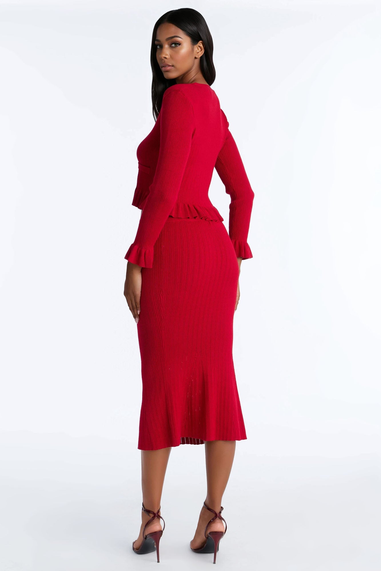 Johane Sweater Midi Skirt Set - Red
