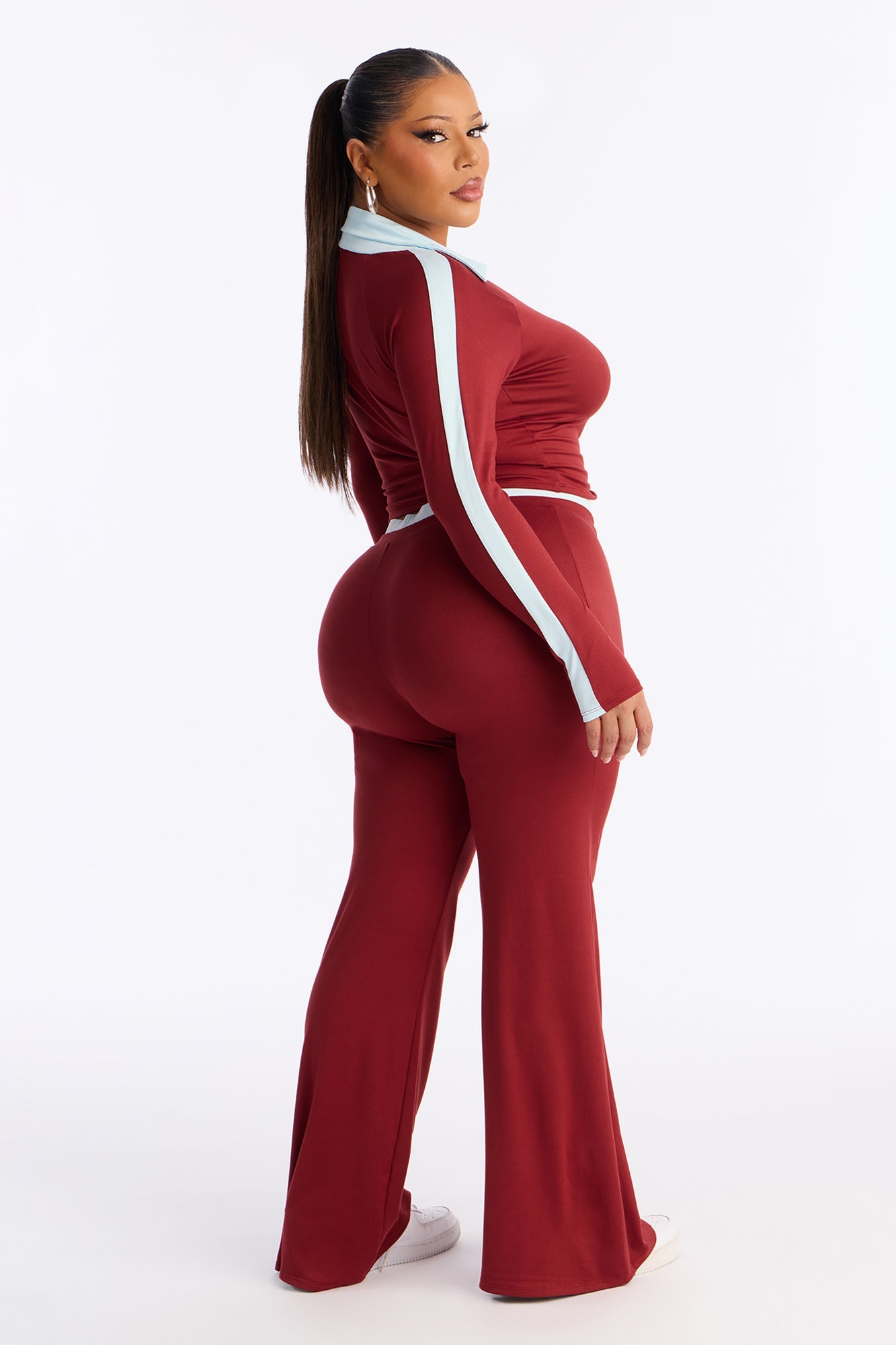 Zoe Contrast Trim Flare Leg Pant Set - Burgundy/combo