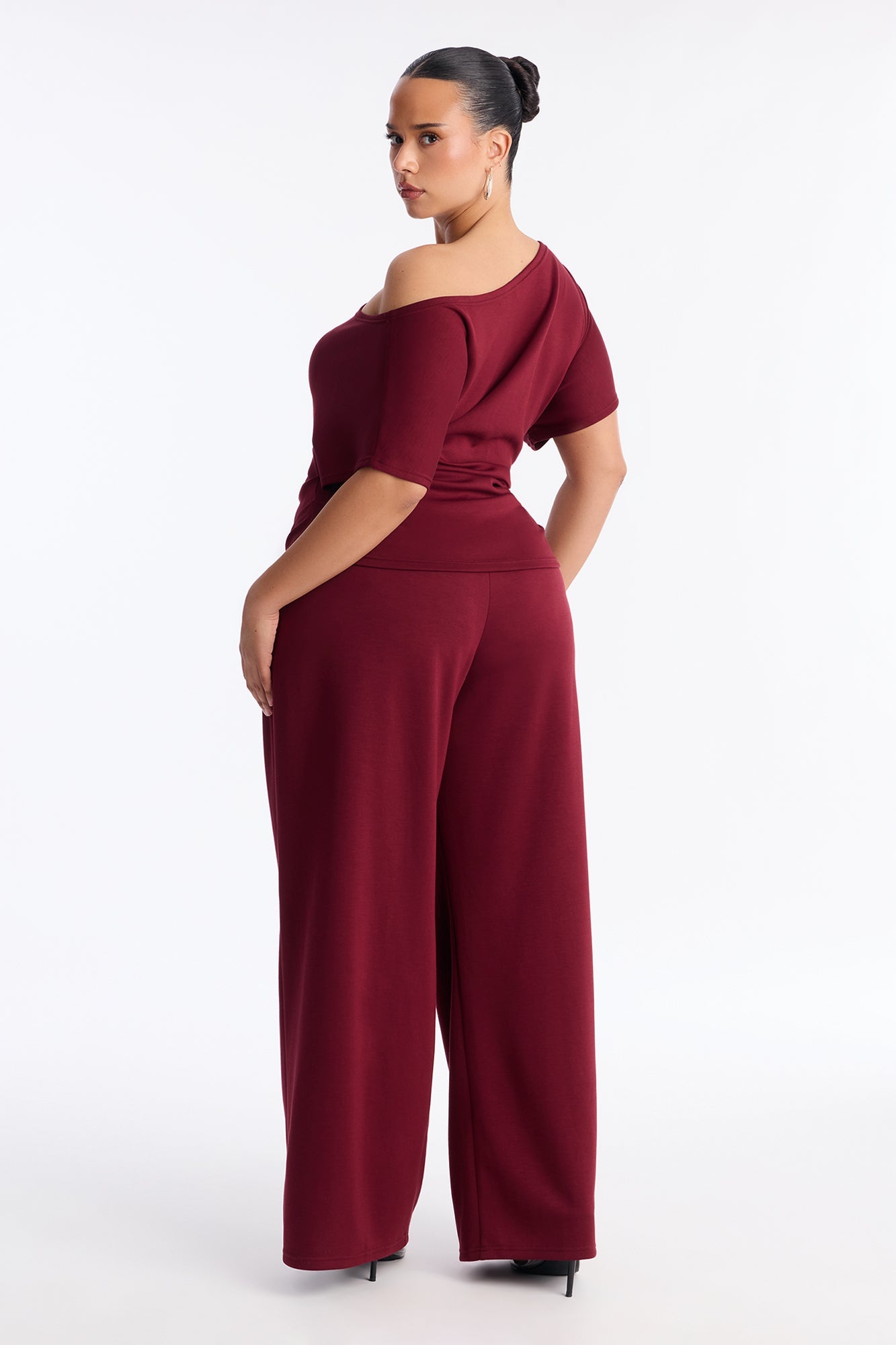 Alina Off Shoulder Wide Leg Pant Set - Burgundy