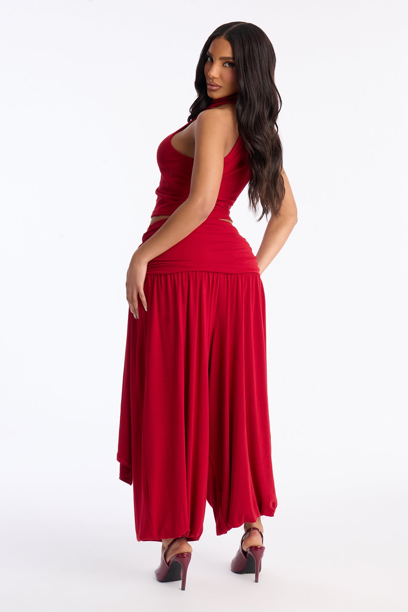 Anya Mock Neck Balloon Pant Set - Red