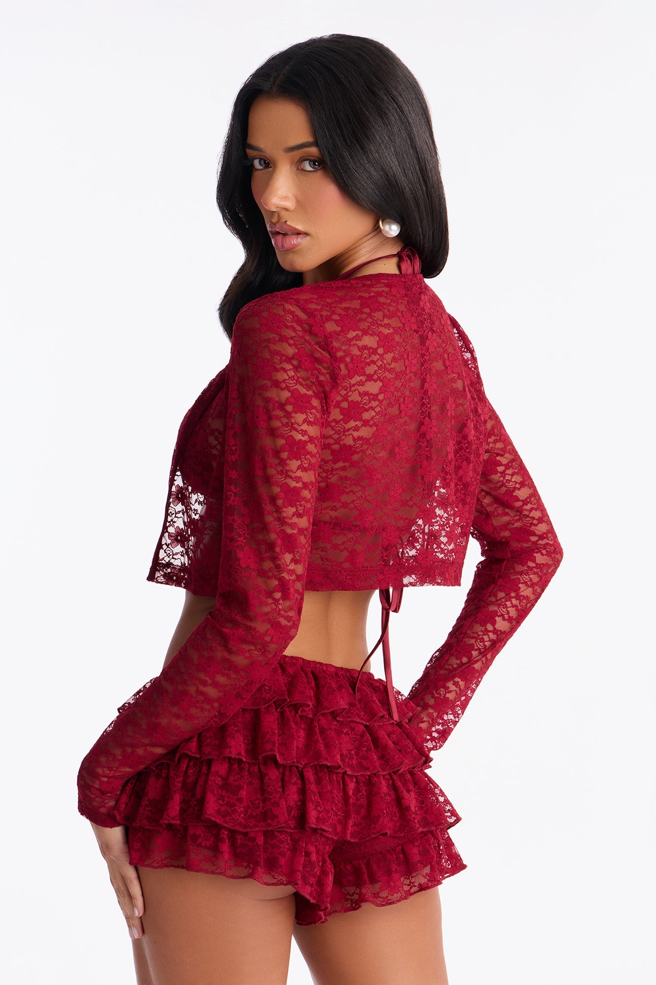 Arianna Lace 3 Piece Short Set - Wine