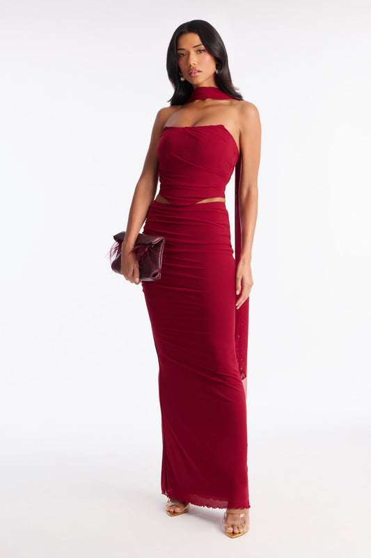 Avery Mesh Corset 3 Piece Maxi Skirt Set - Red