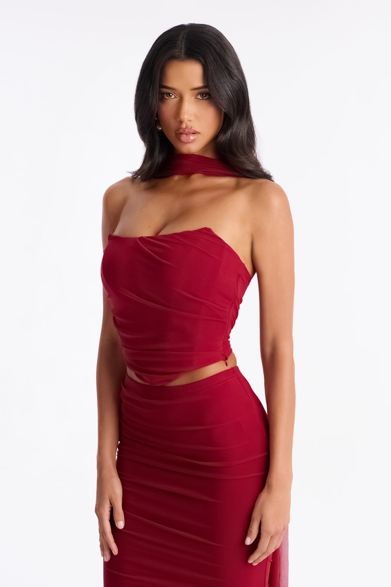 Avery Mesh Corset 3 Piece Maxi Skirt Set - Red