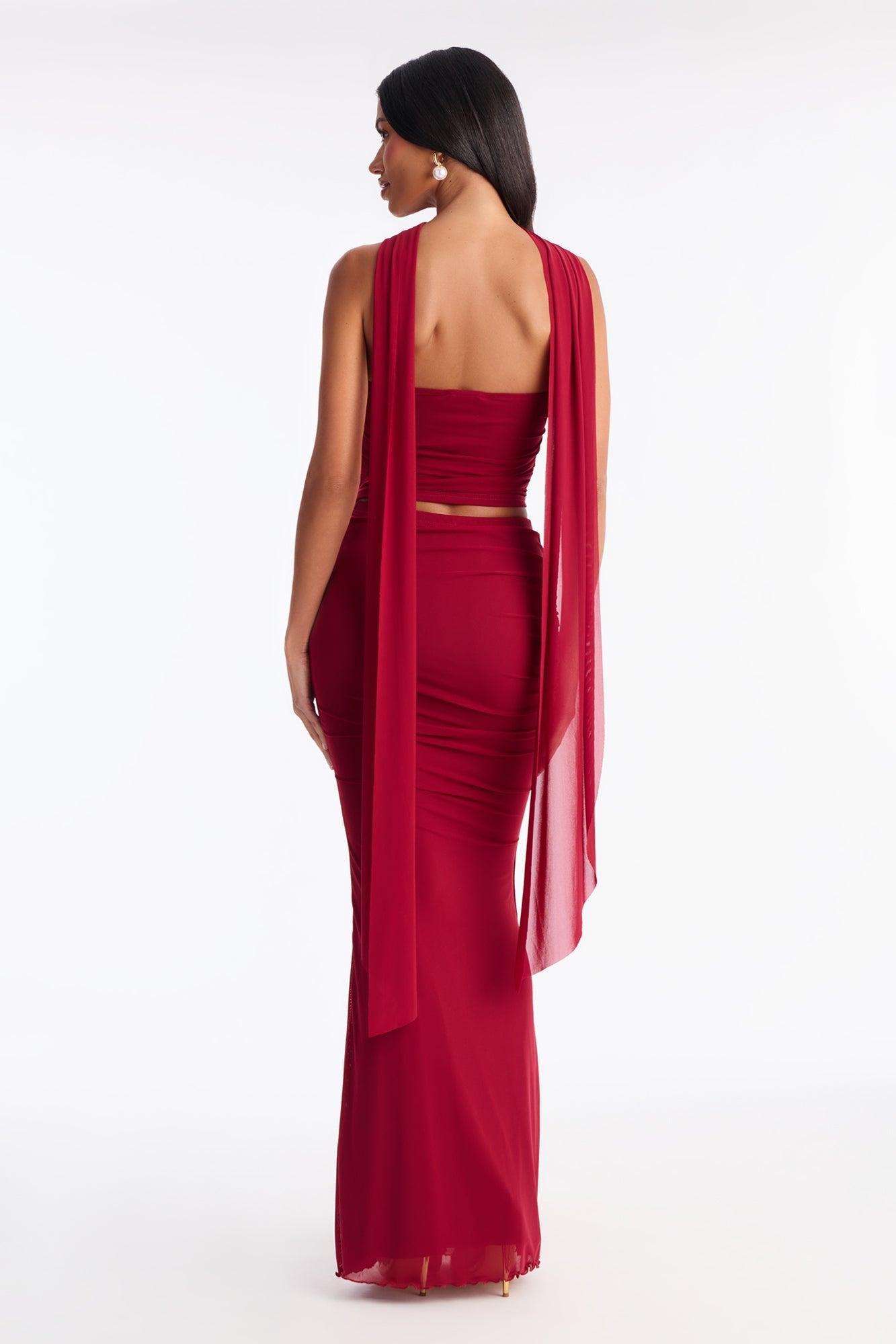 Avery Mesh Corset 3 Piece Maxi Skirt Set - Red