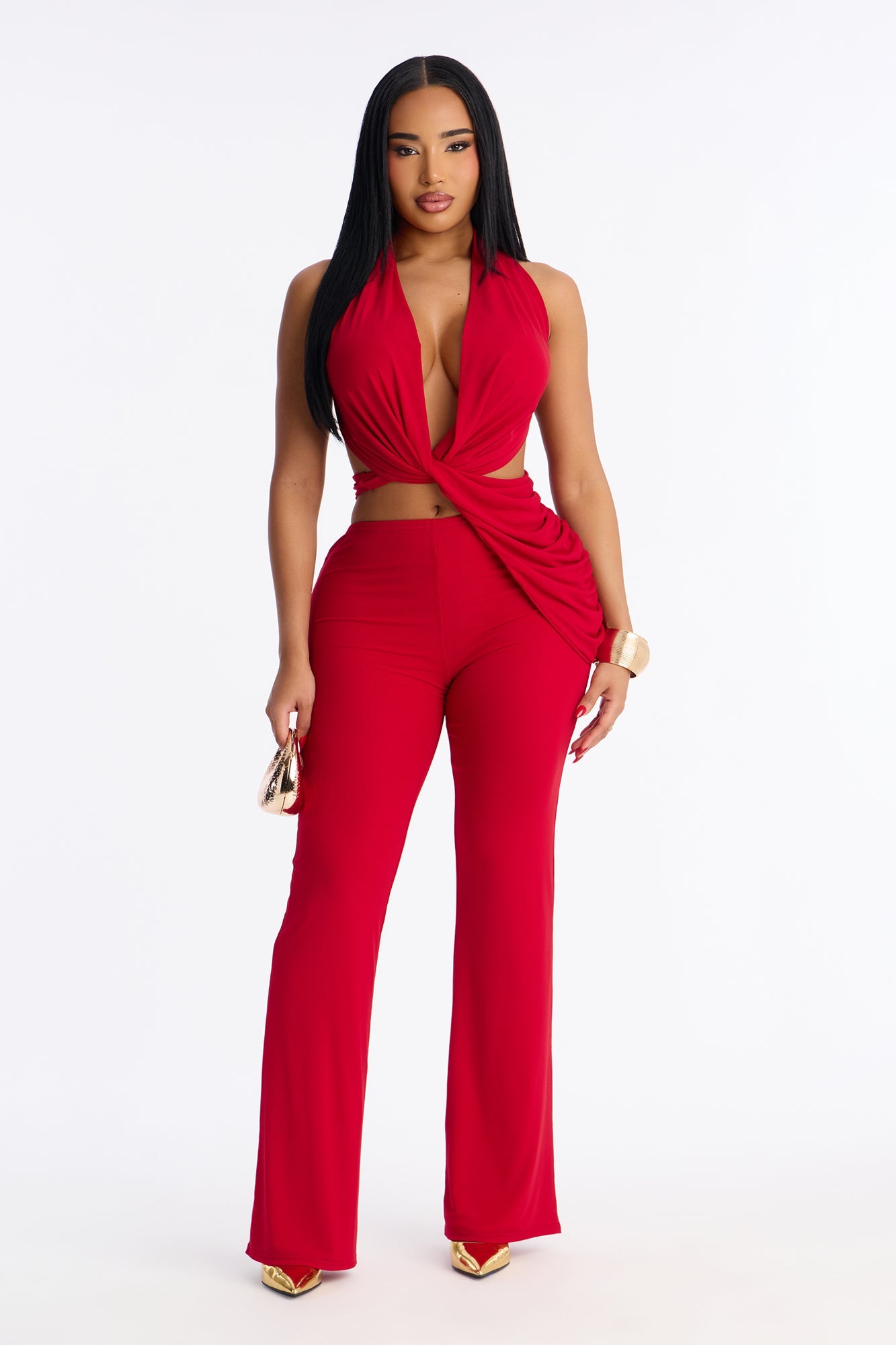 Dangerously Classy Backless Halter Pant Set - Red