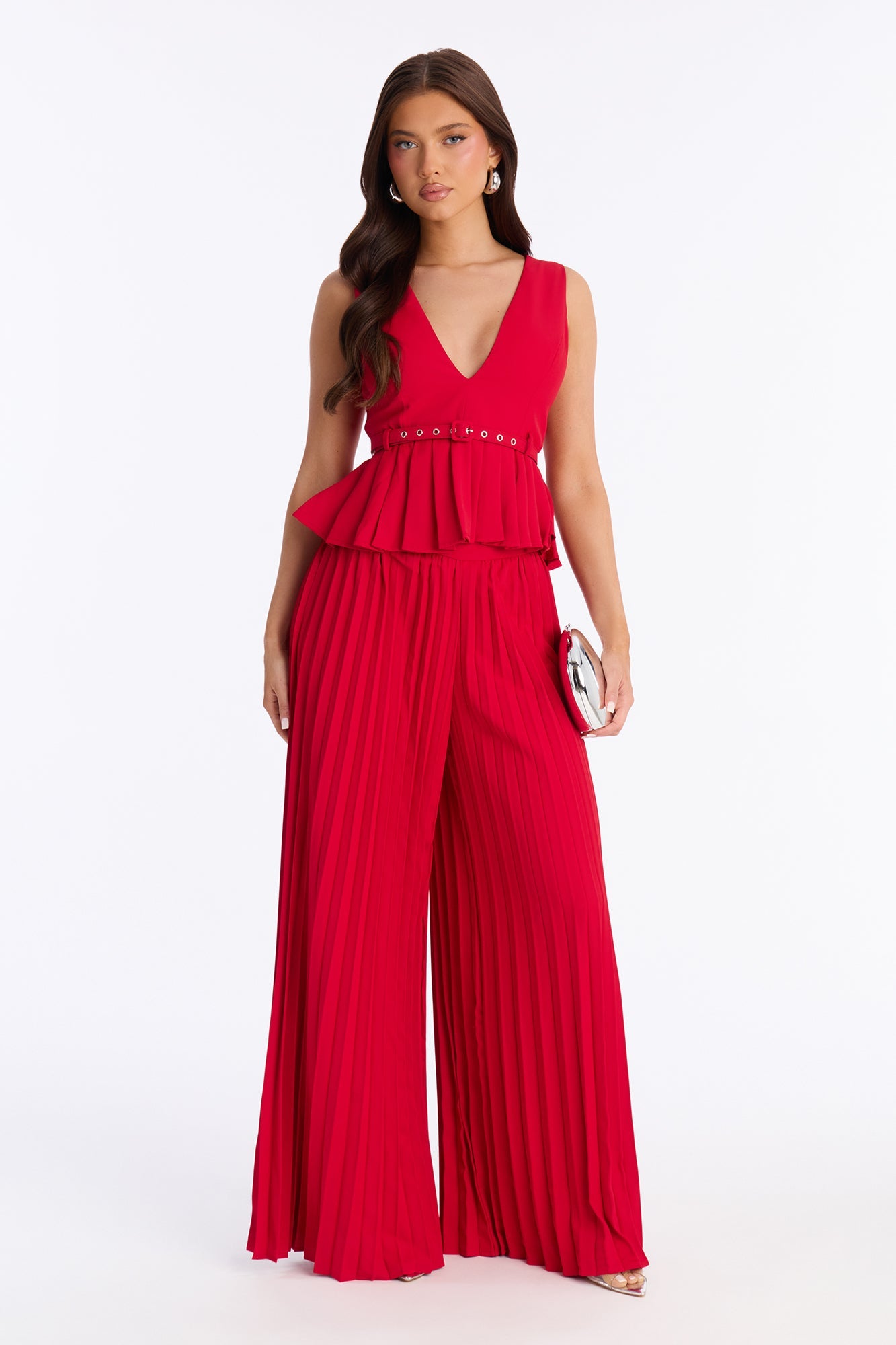 Norah Belted Pleated Pant Set - Red