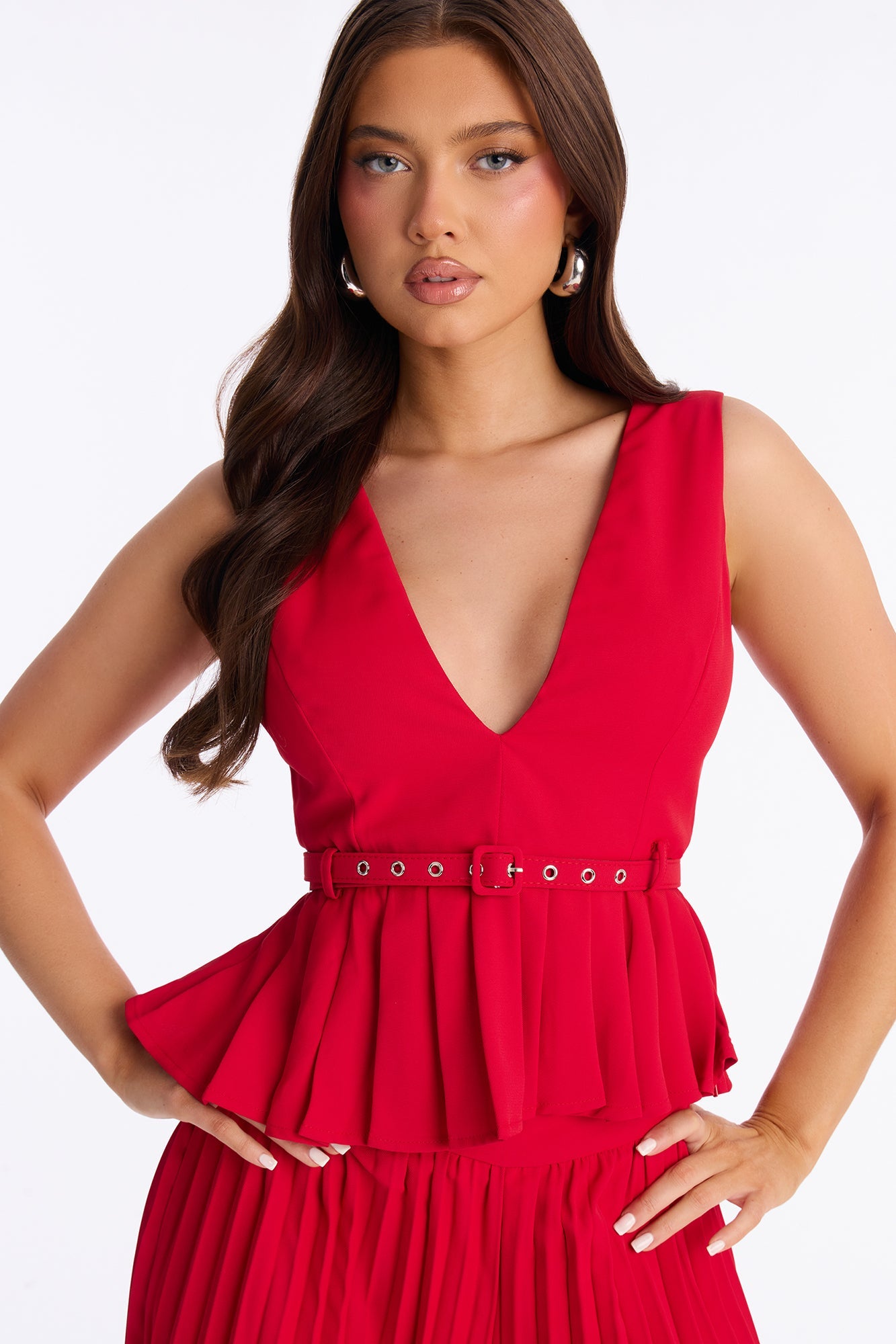 Norah Belted Pleated Pant Set - Red