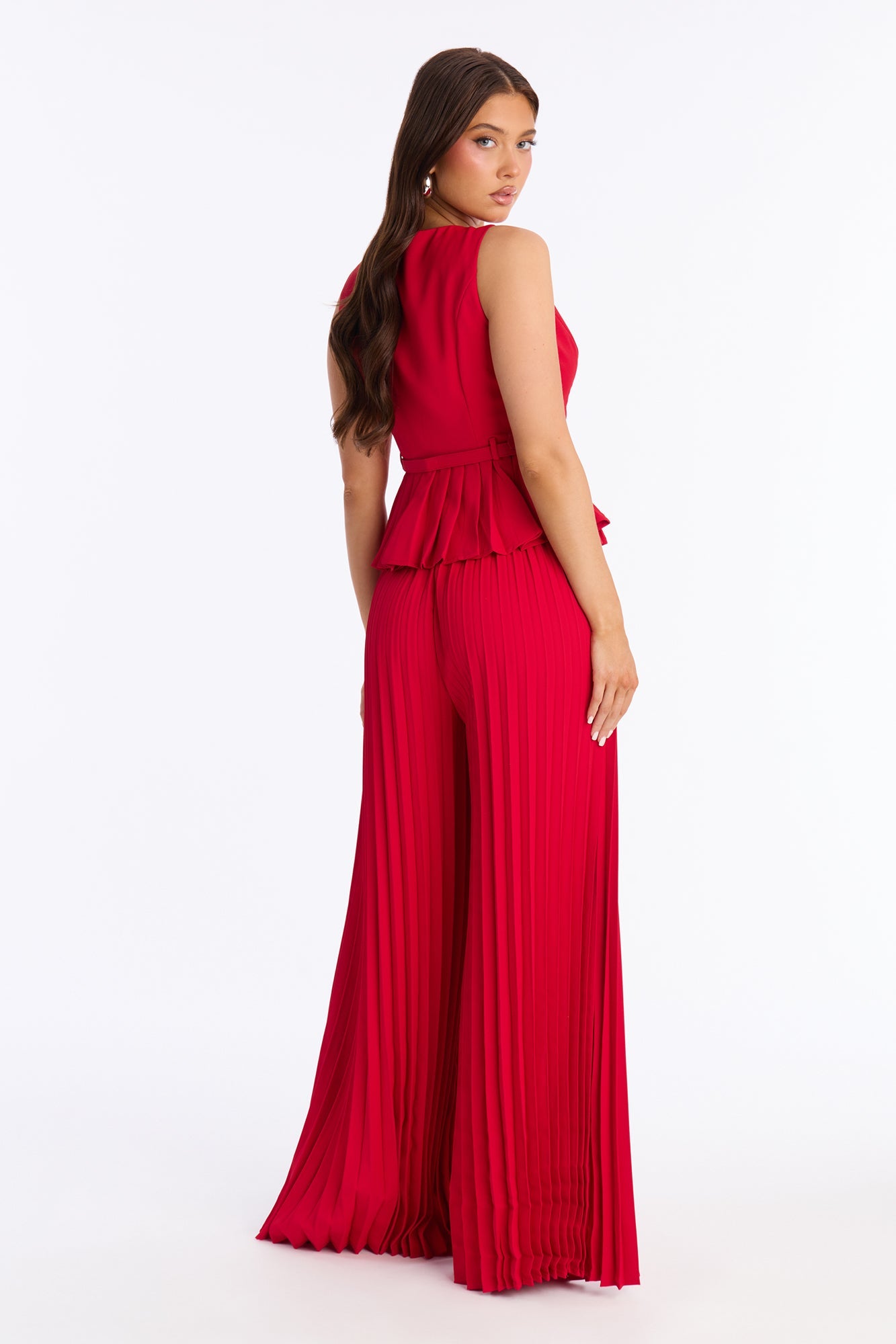 Norah Belted Pleated Pant Set - Red