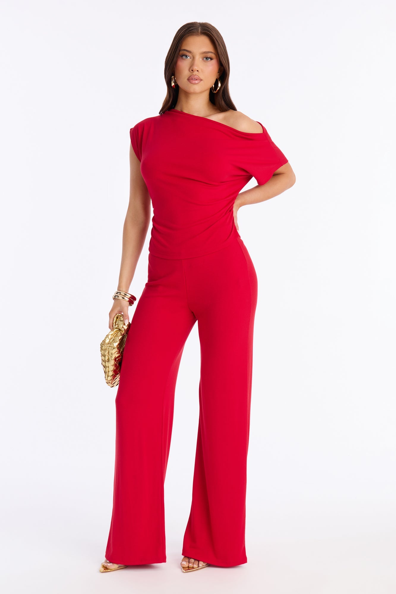 Alicia Off Shoulder Wide Leg Pant Set - Red
