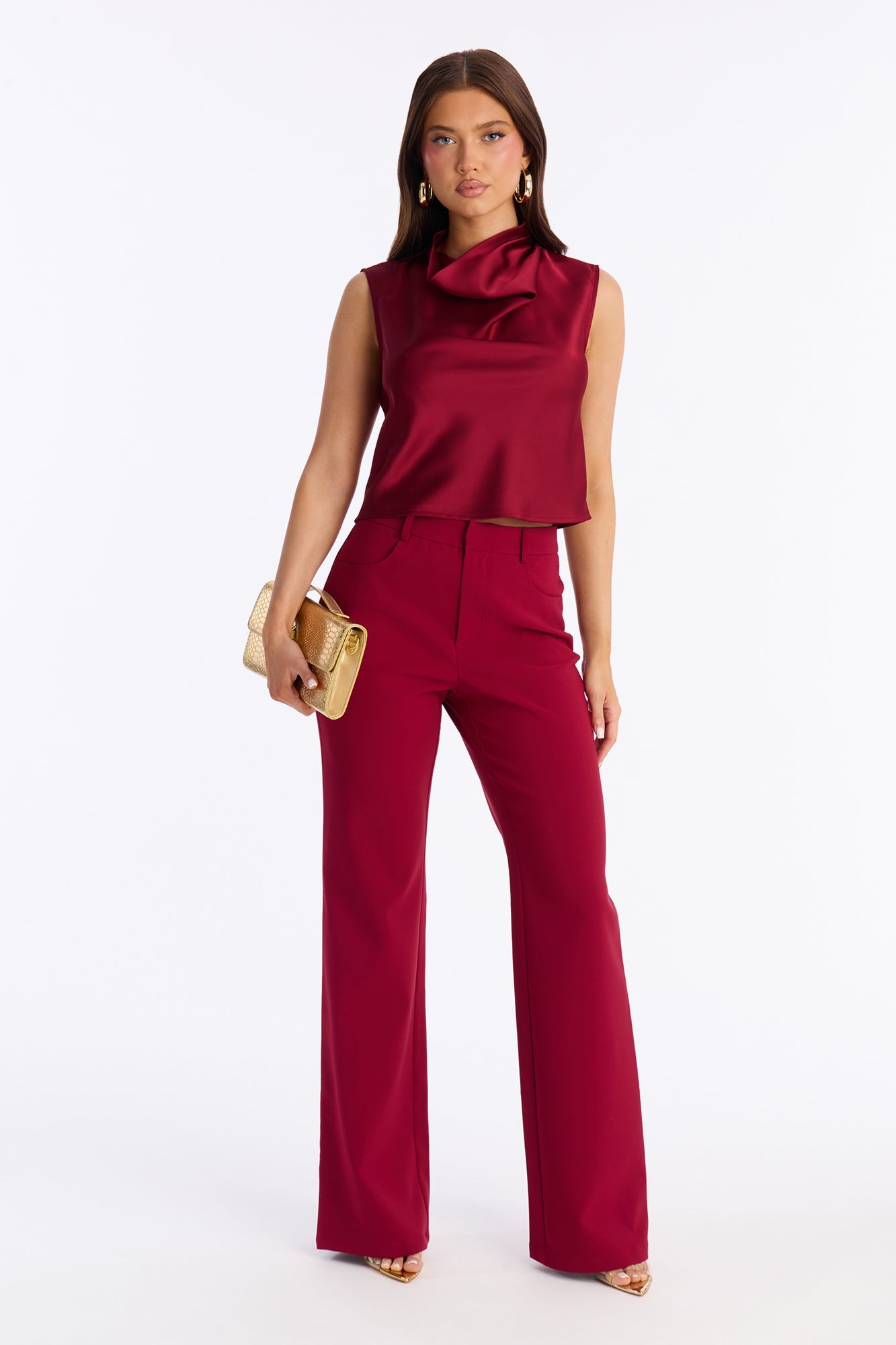 Luciana Satin Wide Leg Pant Set - Red
