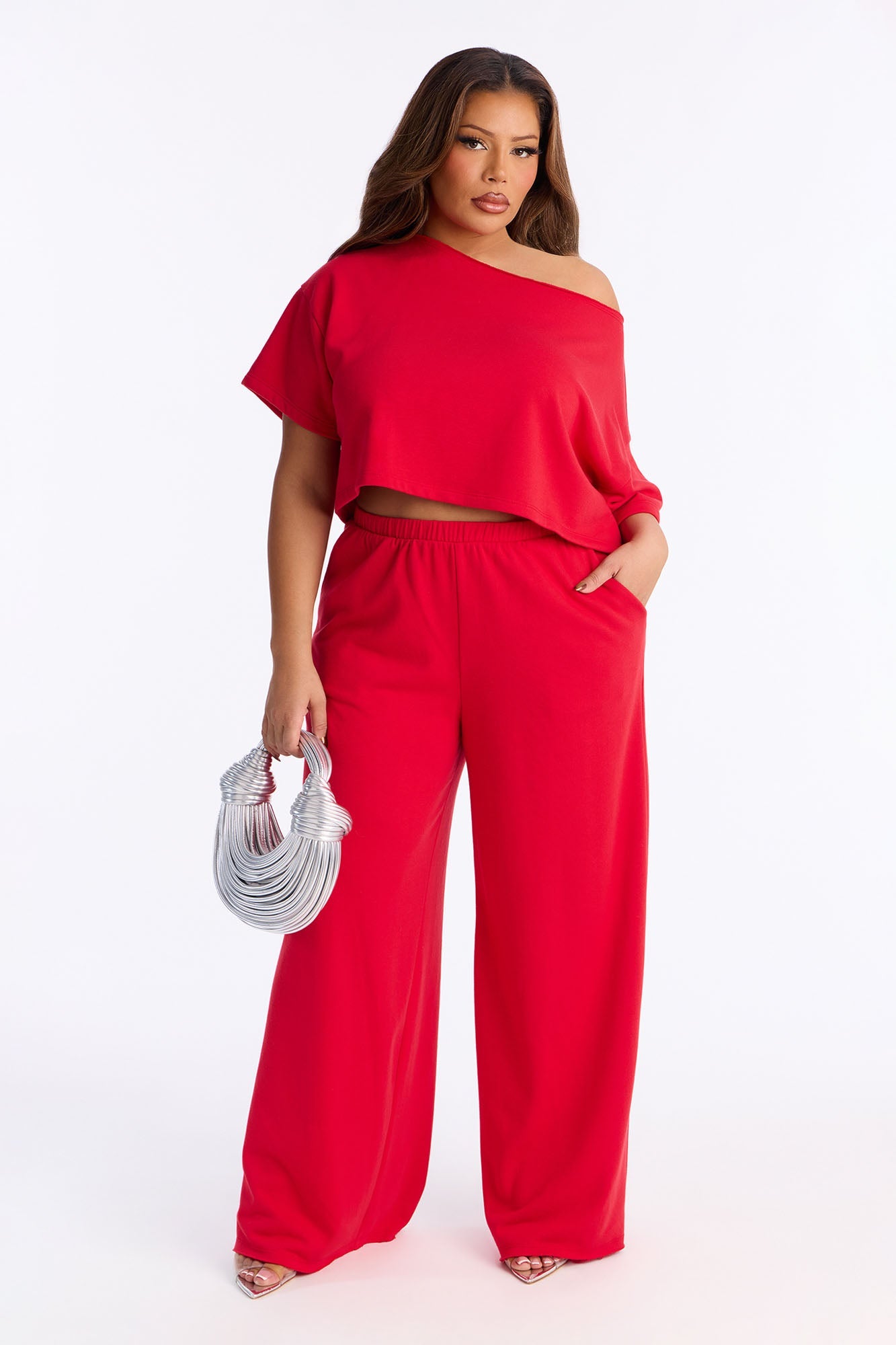 Chill Status Off Shoulder Pant Set - Red