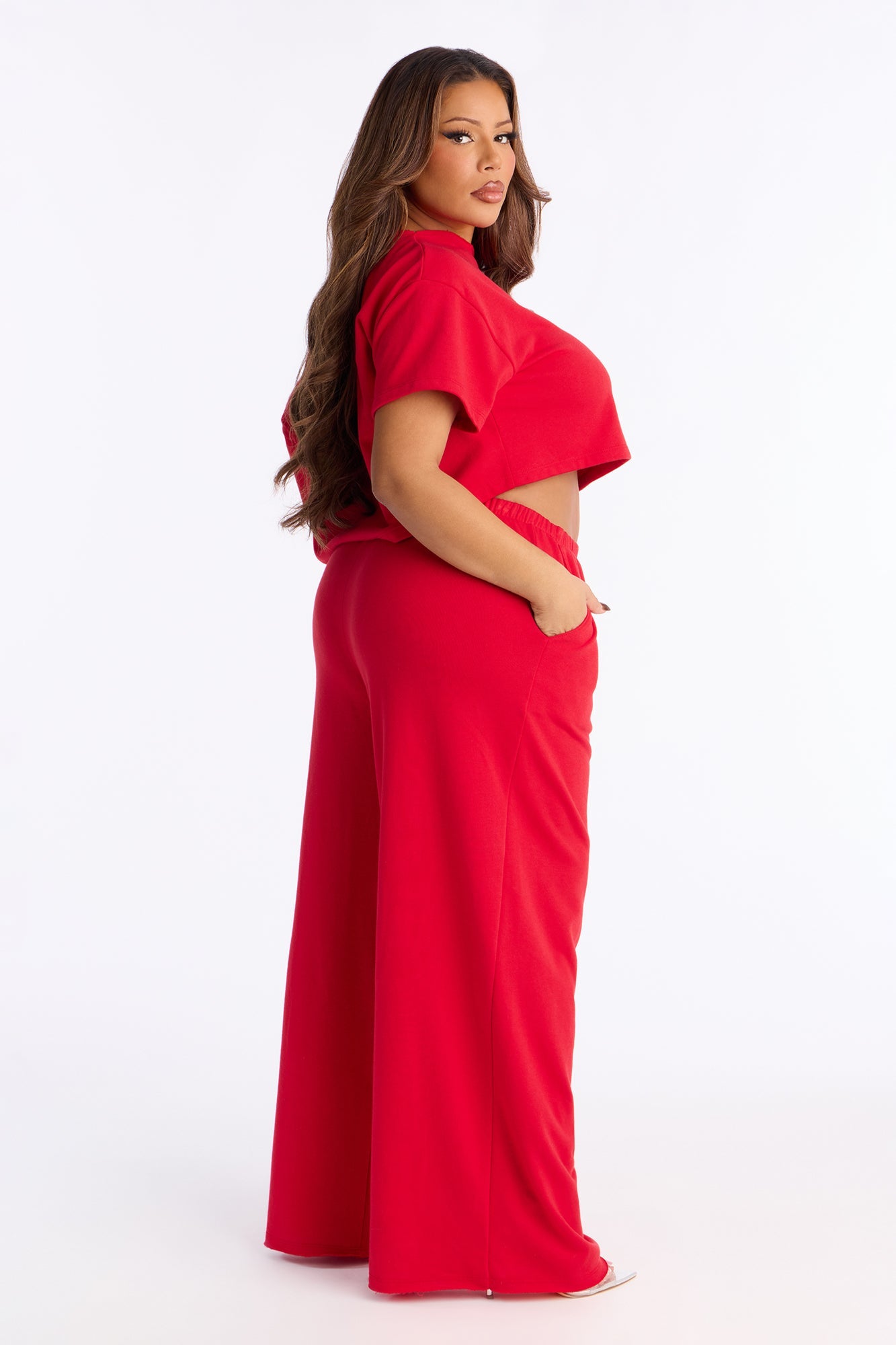 Chill Status Off Shoulder Pant Set - Red