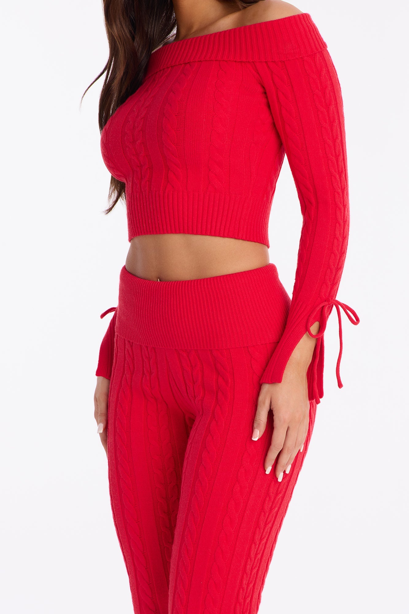 Mikayla Off Shoulder Sweater Pant Set - Red