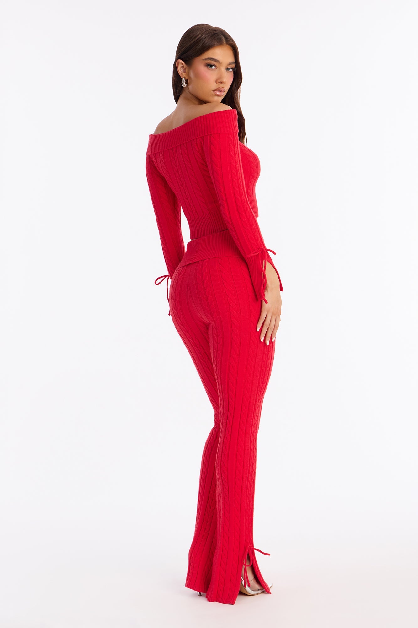 Mikayla Off Shoulder Sweater Pant Set - Red