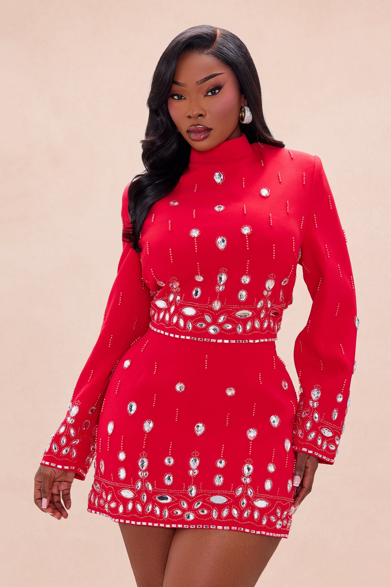 Draya Rhinestone Embellished Skirt Set - DarkRed