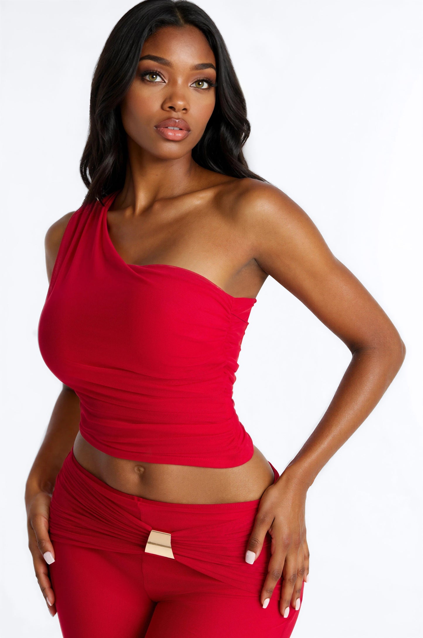 Hailey Asymmetrical Mesh Pant Set - Red