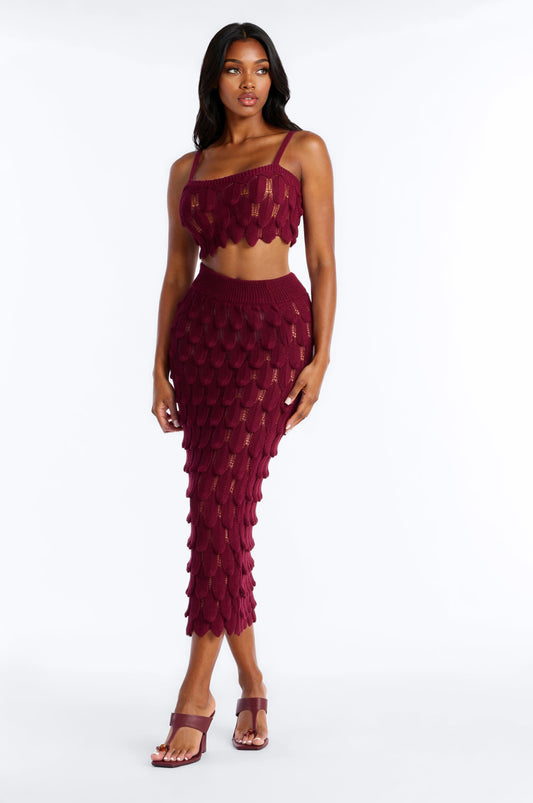 Coastal Desire Crochet Scales Maxi Skirt Set - Burgundy