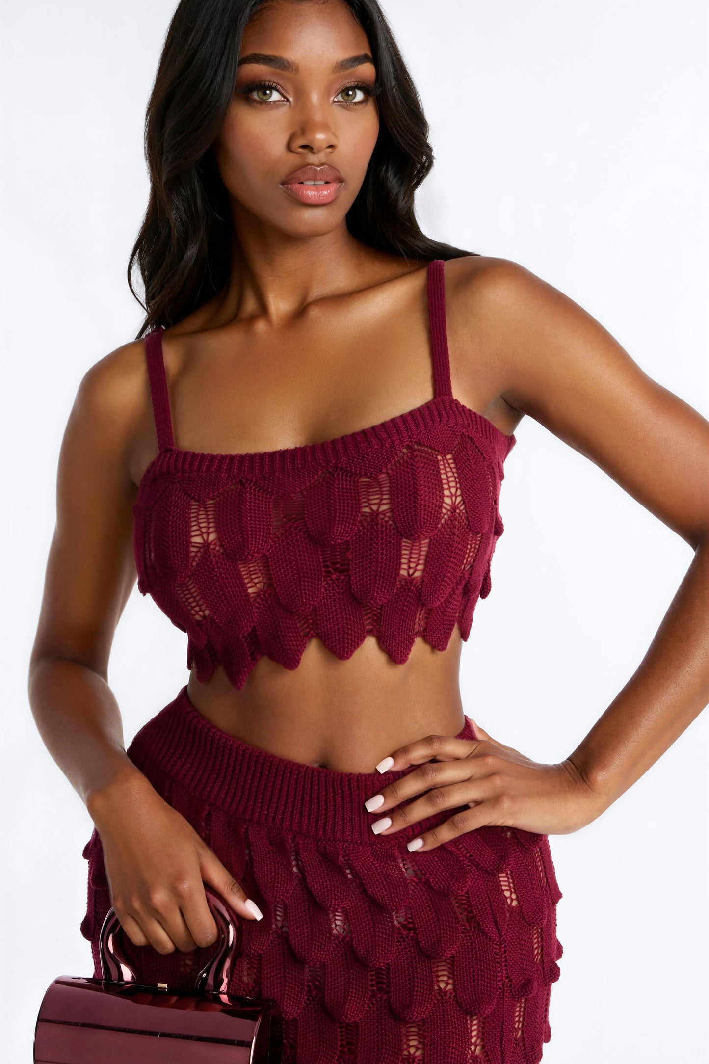 Coastal Desire Crochet Scales Maxi Skirt Set - Burgundy