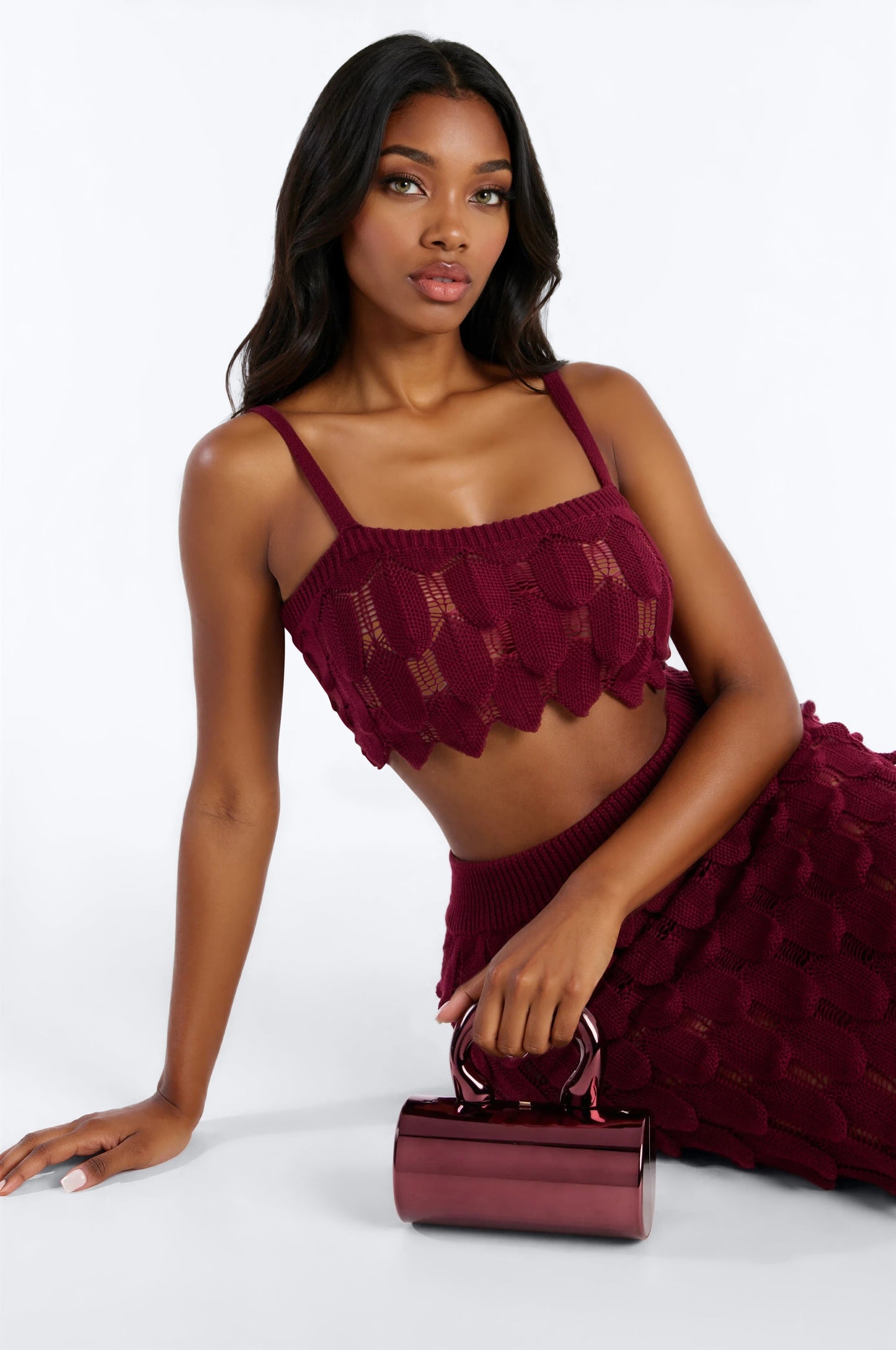 Coastal Desire Crochet Scales Maxi Skirt Set - Burgundy