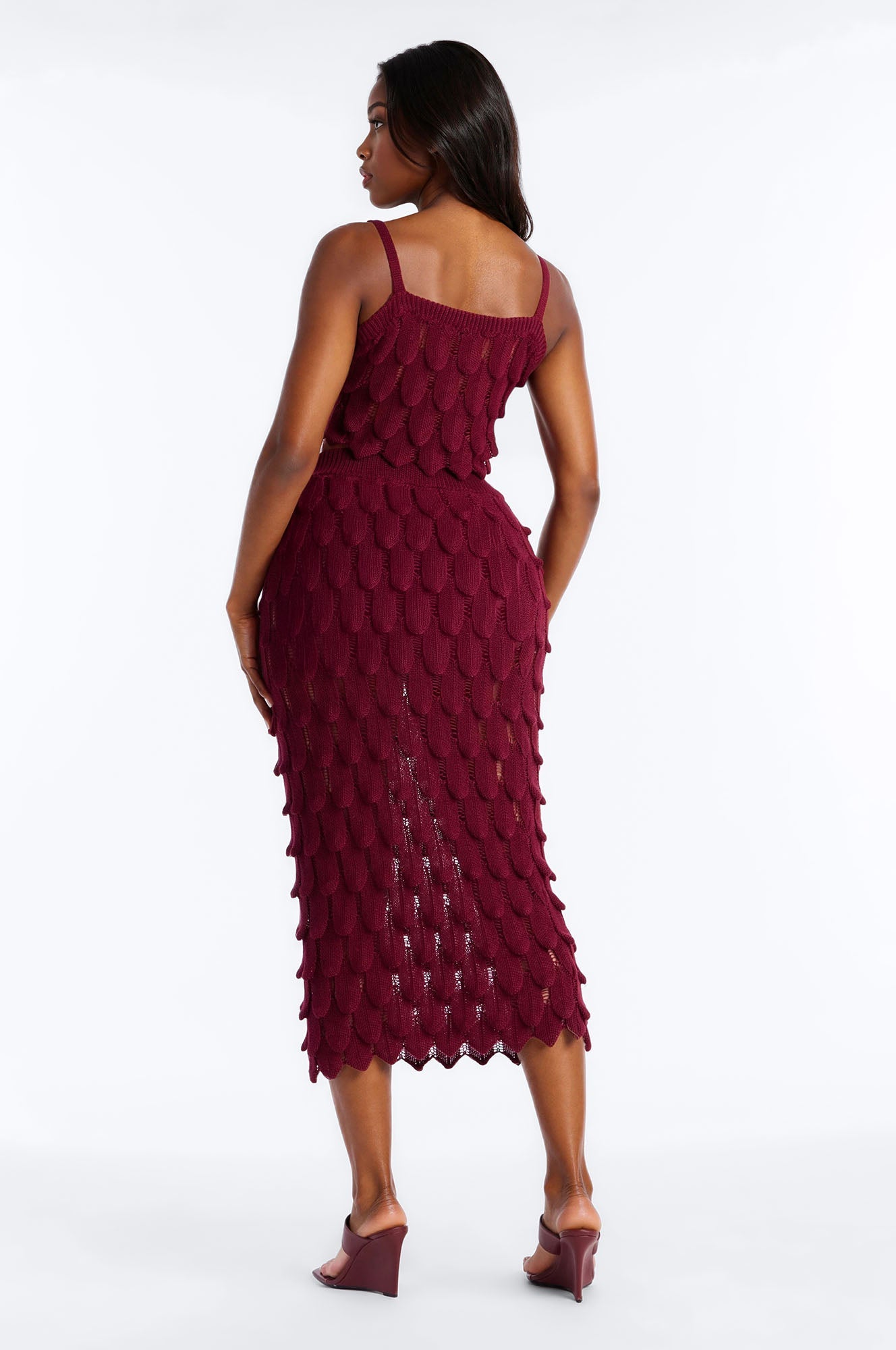 Coastal Desire Crochet Scales Maxi Skirt Set - Burgundy