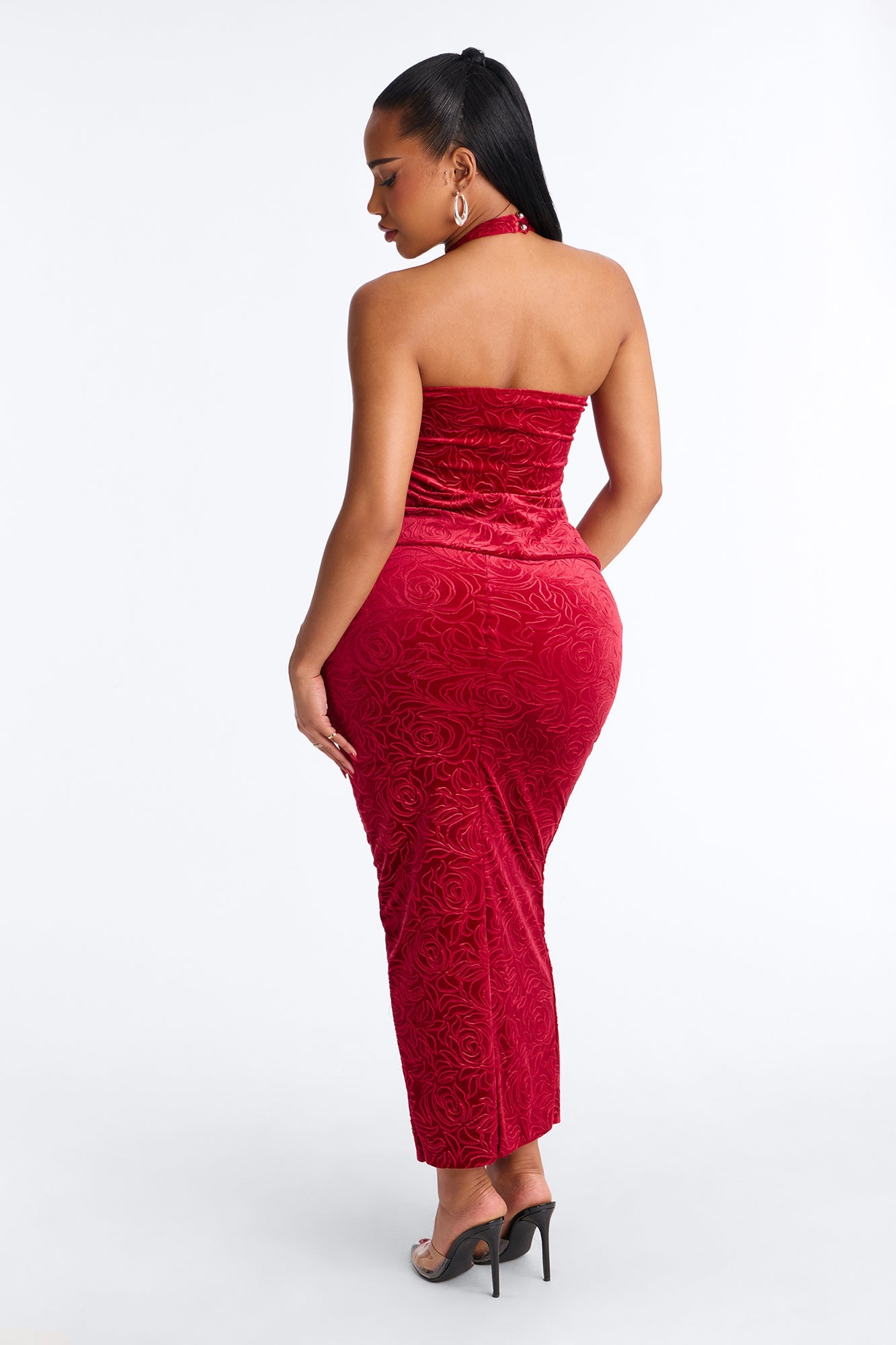 Rosary Velvet Halter Maxi Skirt Set - Red