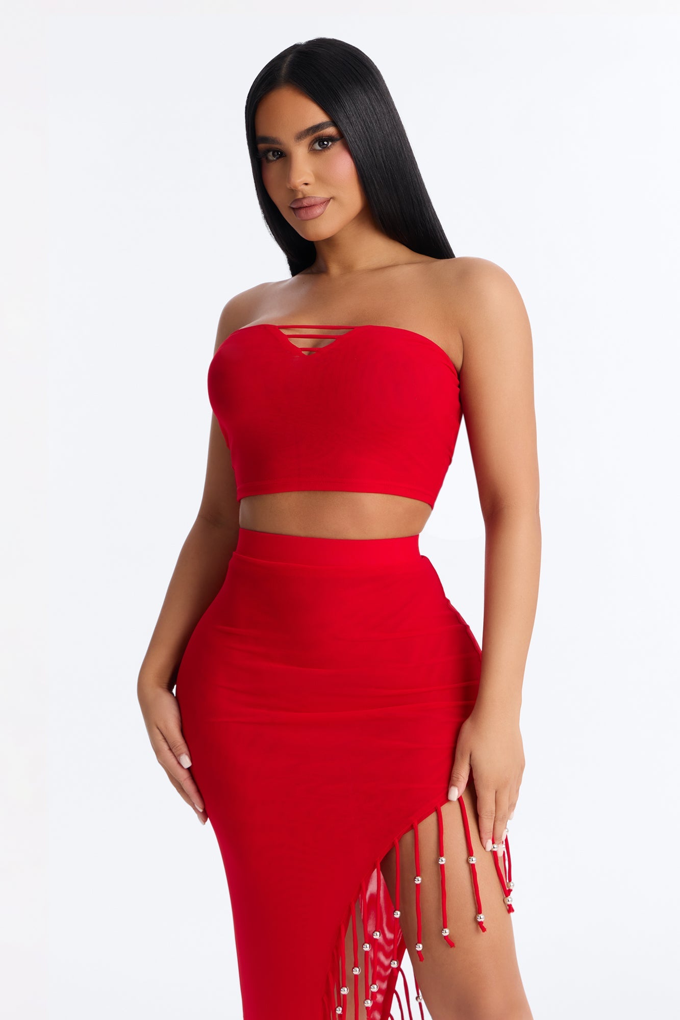 Desiree Beaded Fringe Mesh Skirt Set - Red