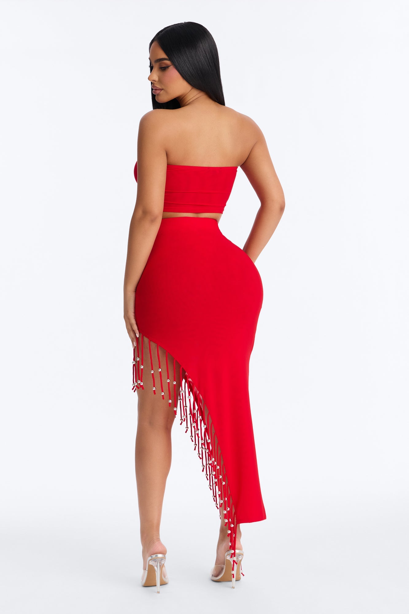 Desiree Beaded Fringe Mesh Skirt Set - Red