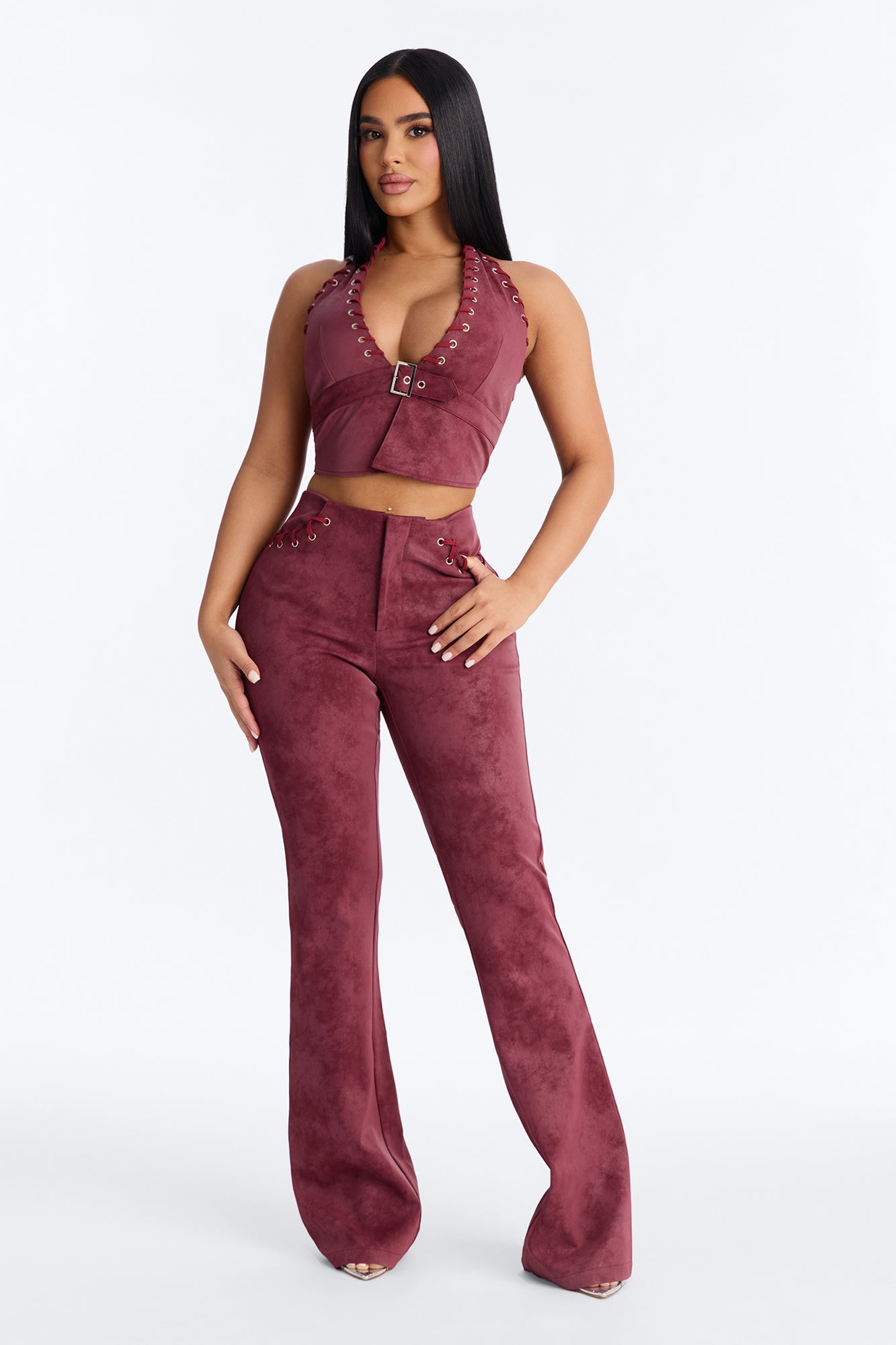 Keillie Faux Leather Halter Pant Set - Burgundy