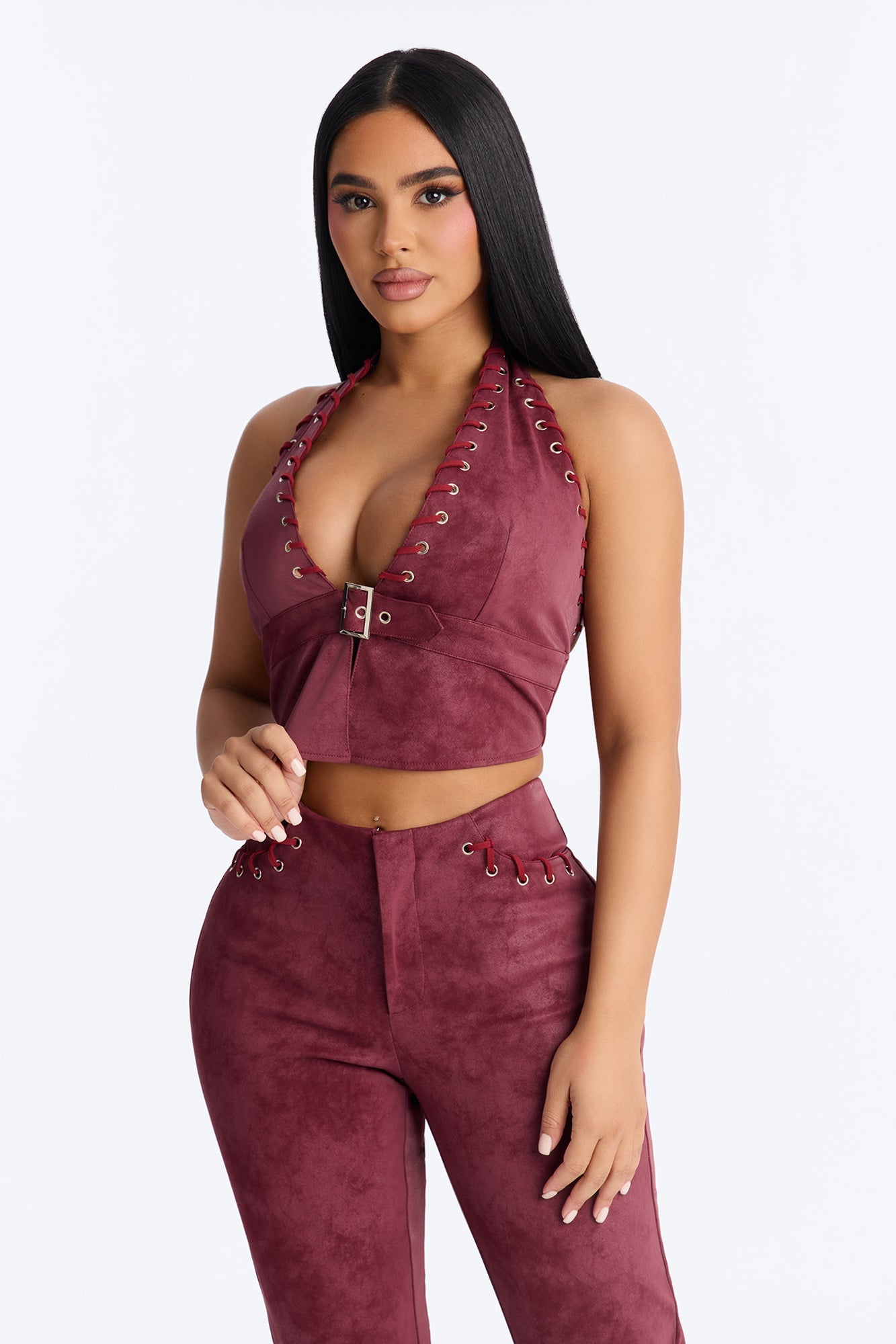 Keillie Faux Leather Halter Pant Set - Burgundy