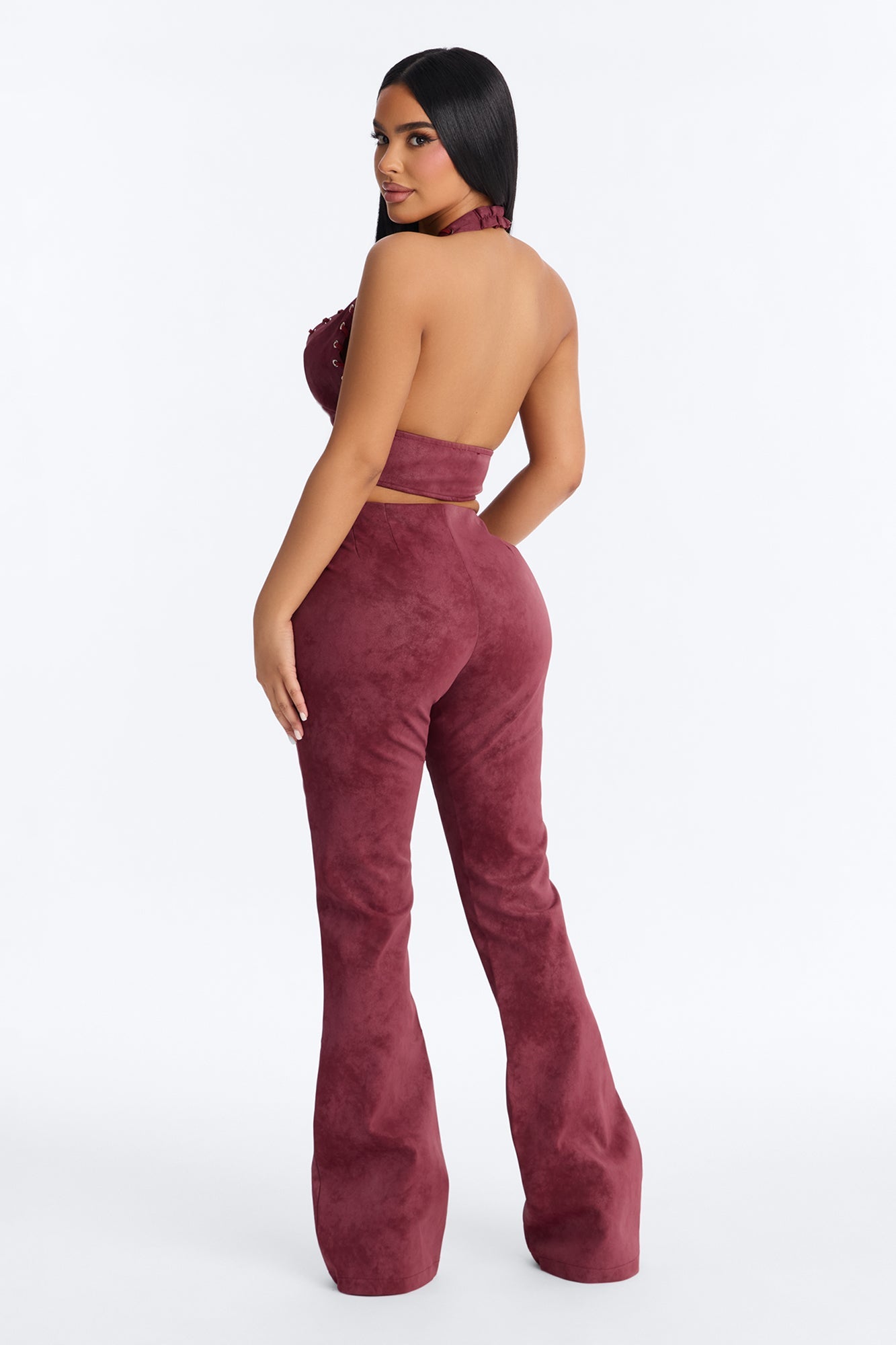 Keillie Faux Leather Halter Pant Set - Burgundy