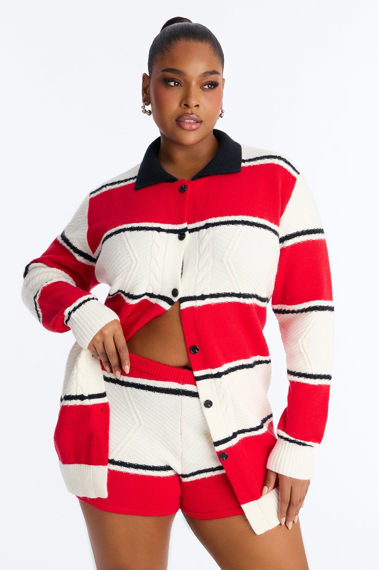 Class Act Striped Sweater Short Set - Red/combo