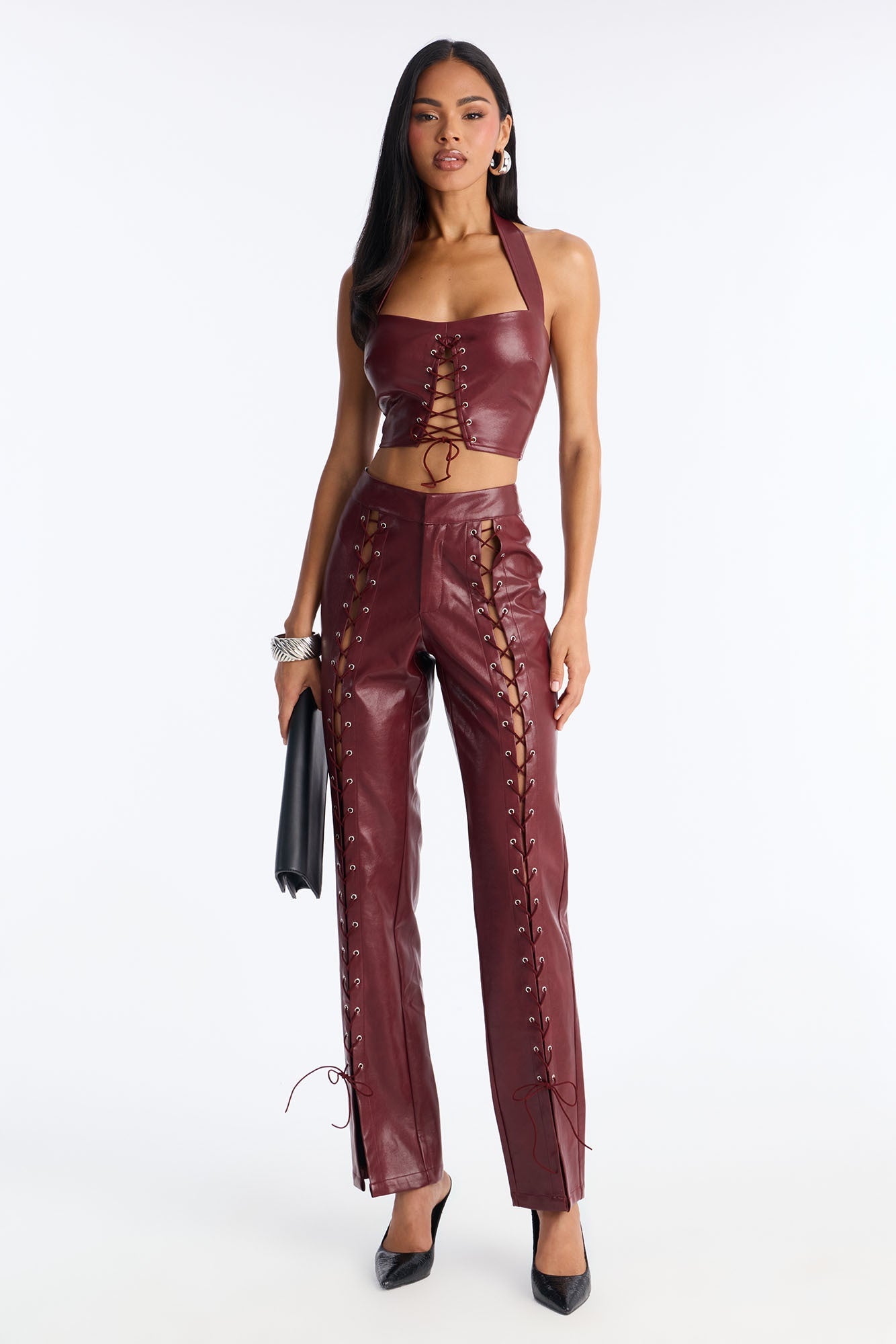 Fire Love Faux Leather Pant Set - Wine