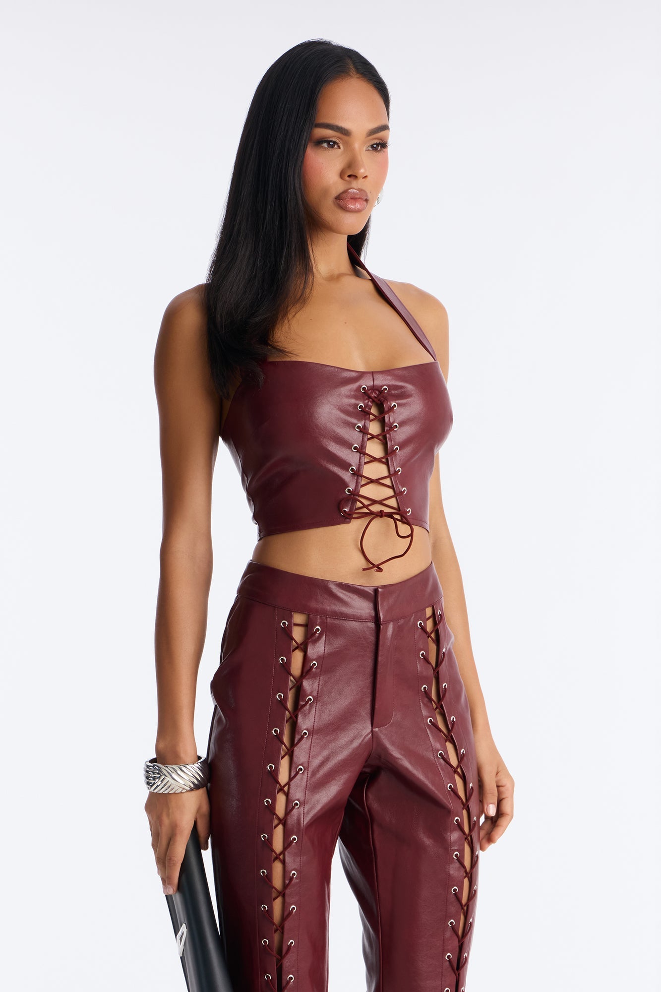 Fire Love Faux Leather Pant Set - Wine