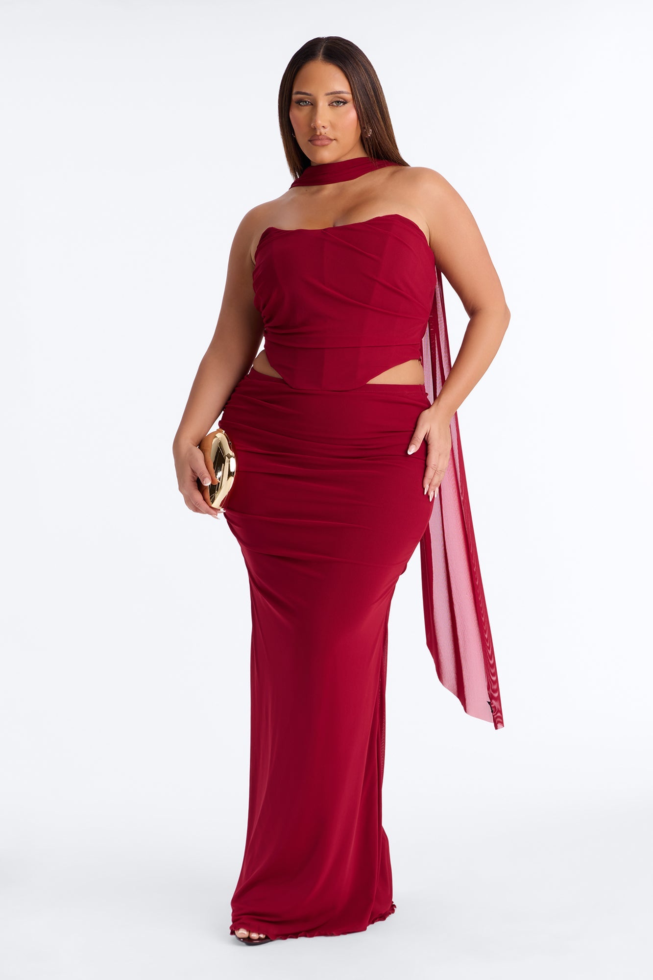 Avery Mesh Corset 3 Piece Maxi Skirt Set - Red