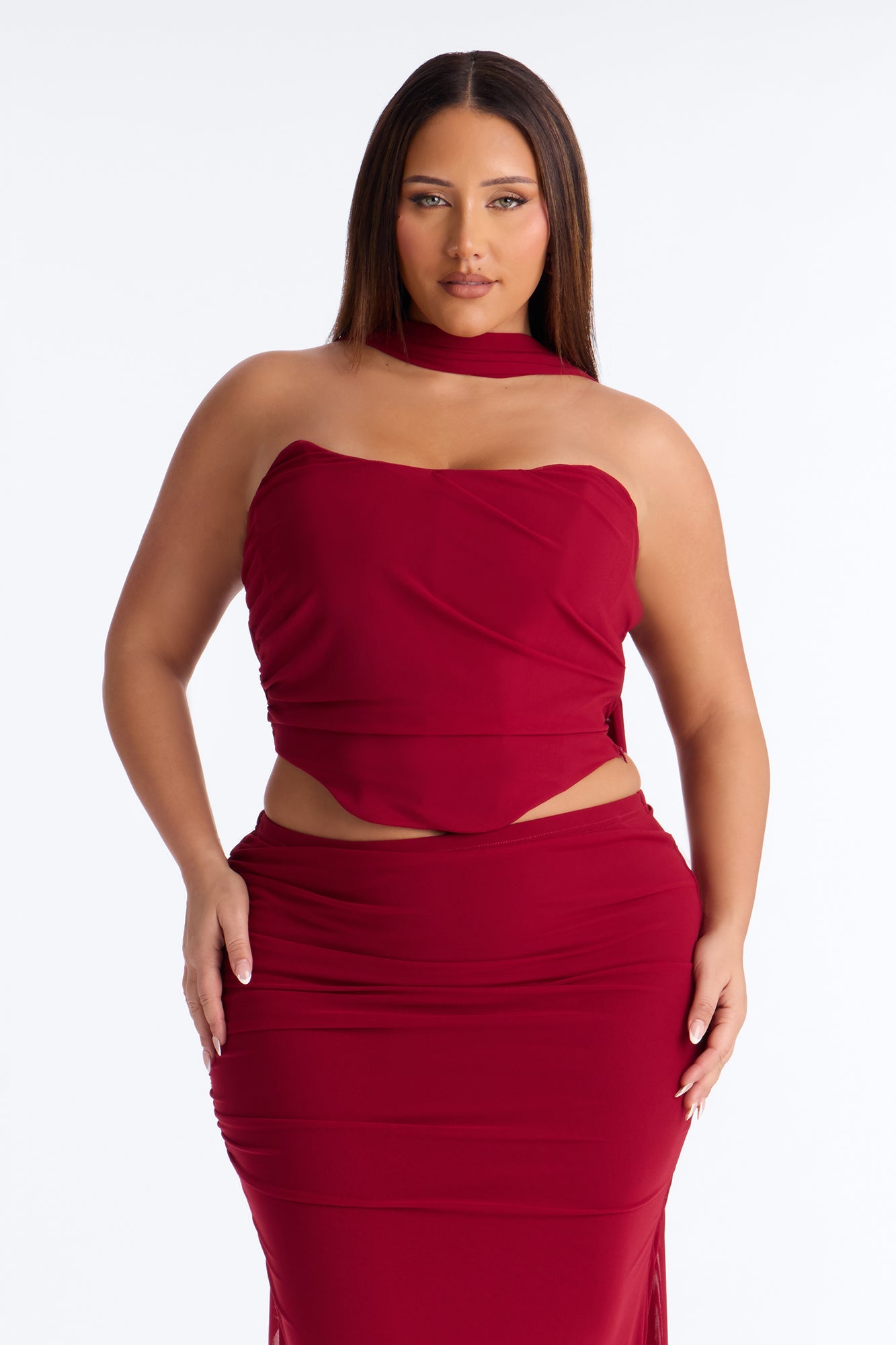 Avery Mesh Corset 3 Piece Maxi Skirt Set - Red