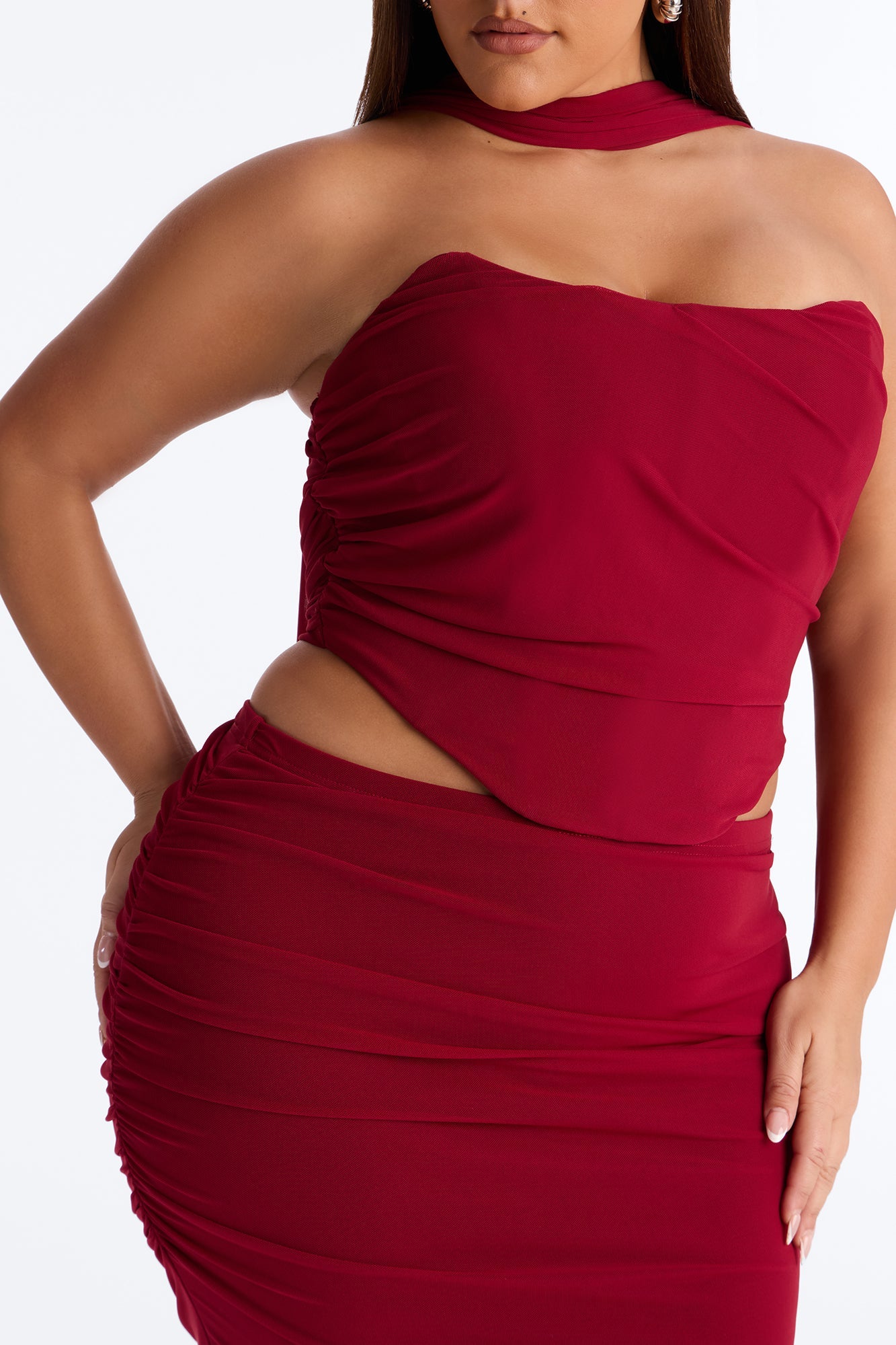 Avery Mesh Corset 3 Piece Maxi Skirt Set - Red
