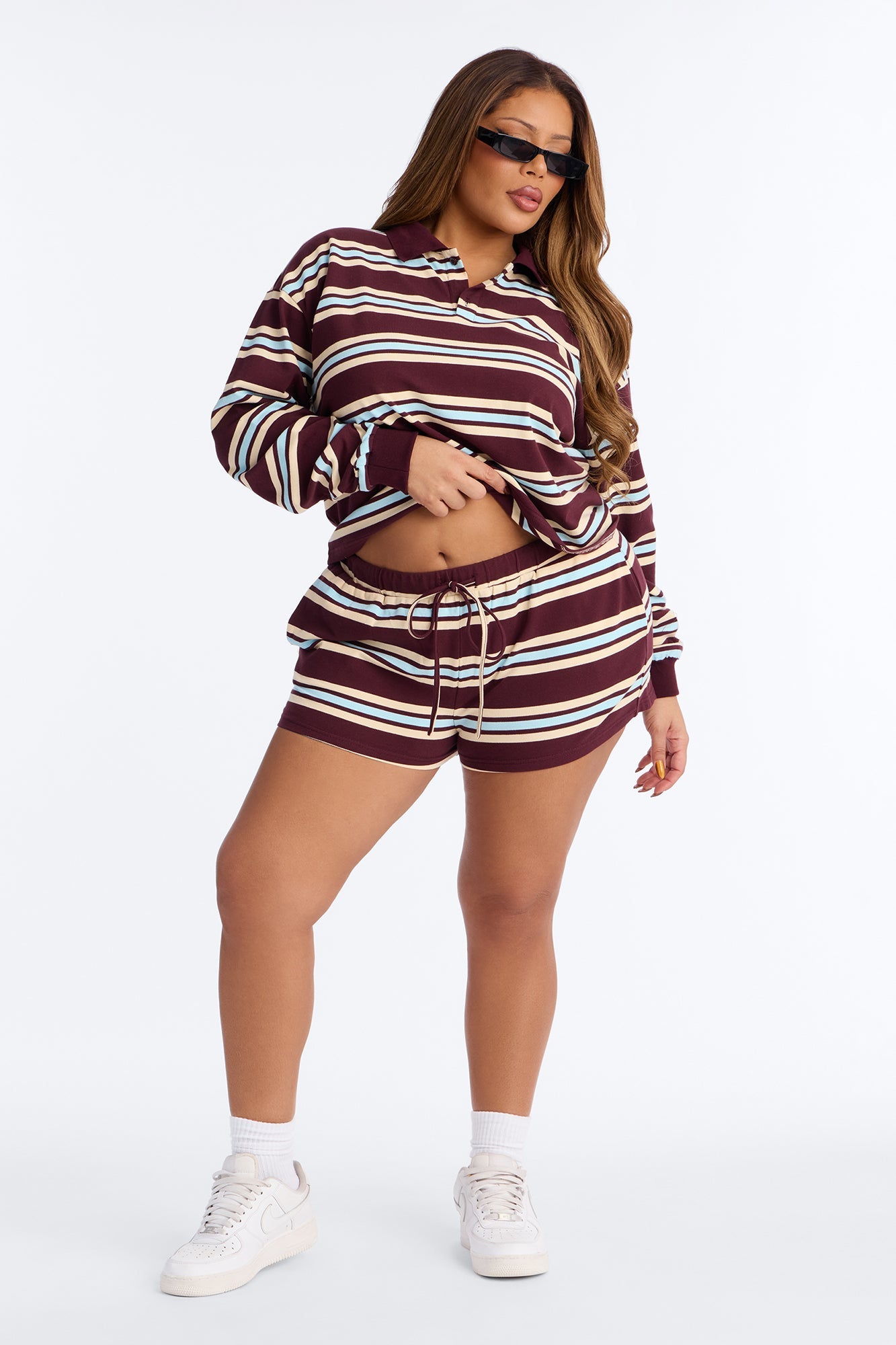 Line It Up Stripe Polo Short Set - Burgundy/combo