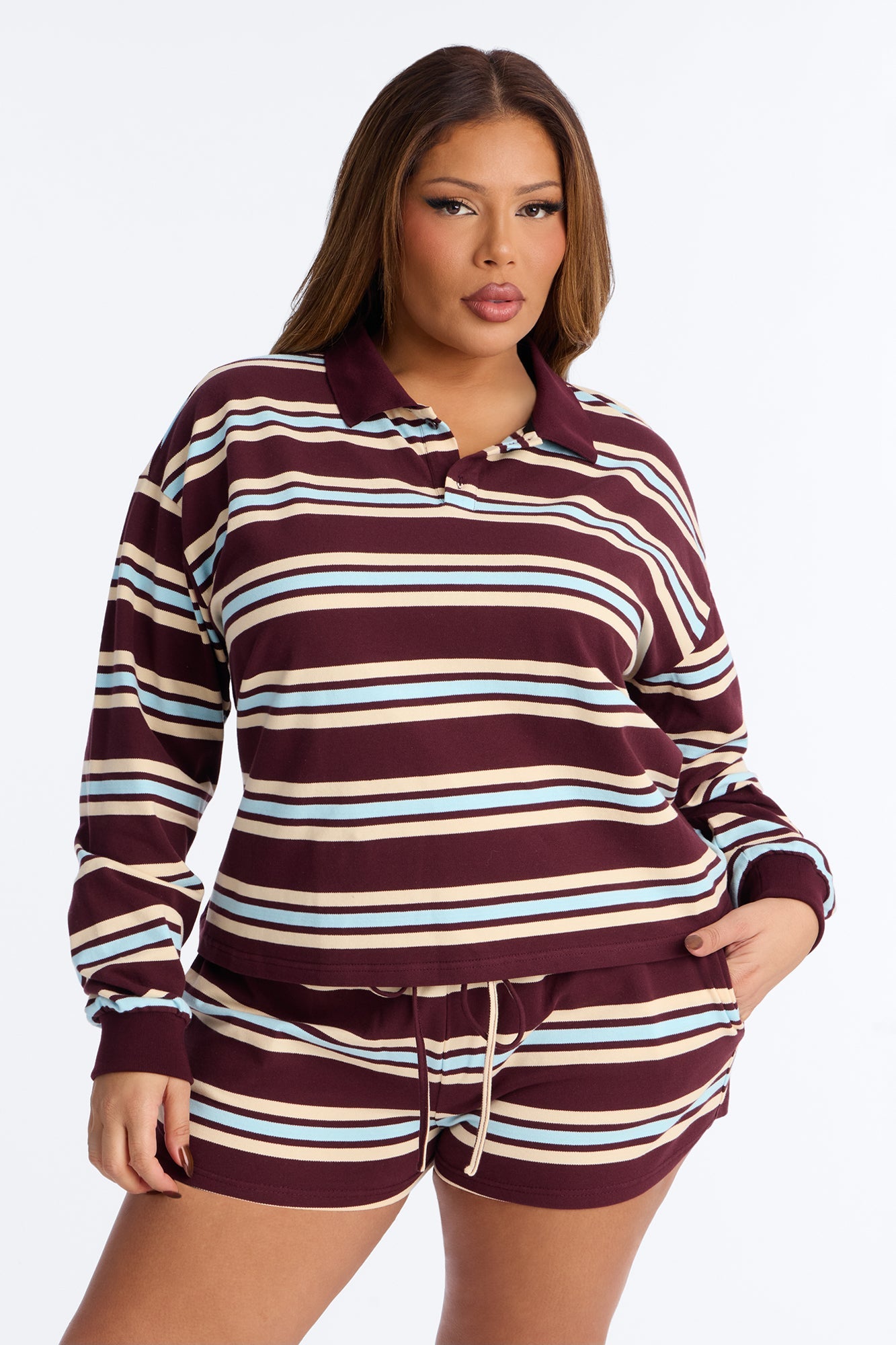 Line It Up Stripe Polo Short Set - Burgundy/combo
