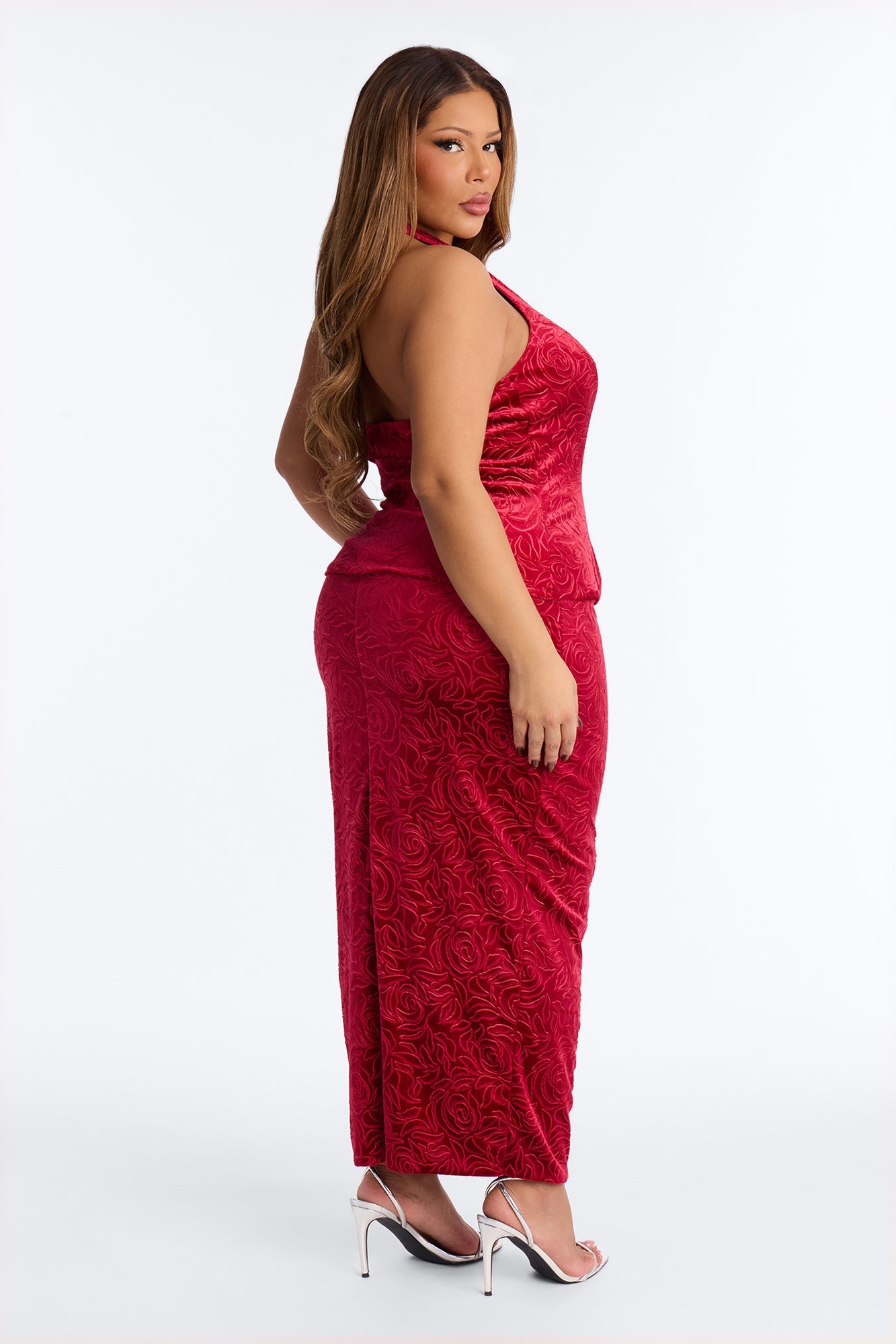 Rosary Velvet Halter Maxi Skirt Set - Red