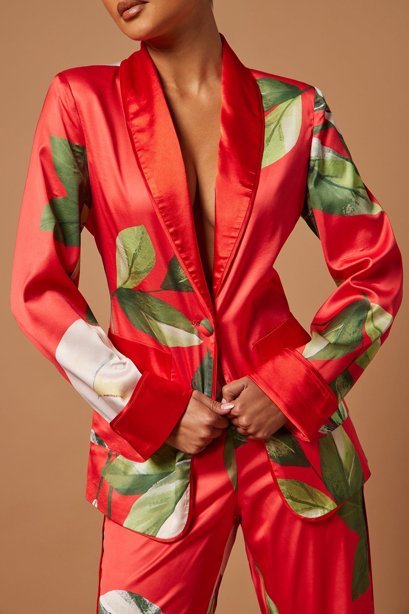 Ophelia Satin Floral Pant Suit Set - Red/combo